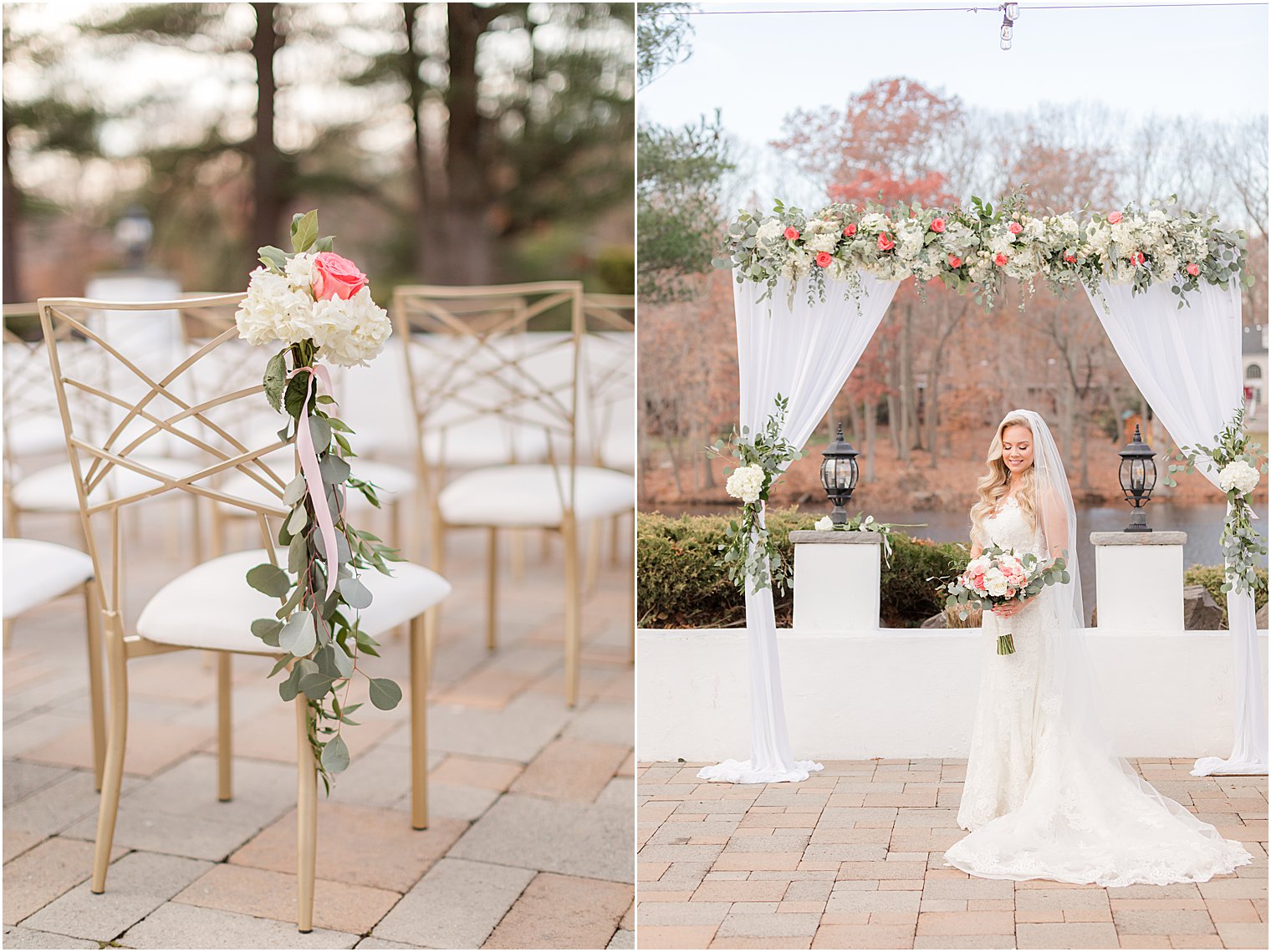 bride poses under canopy of florals and white sheet 