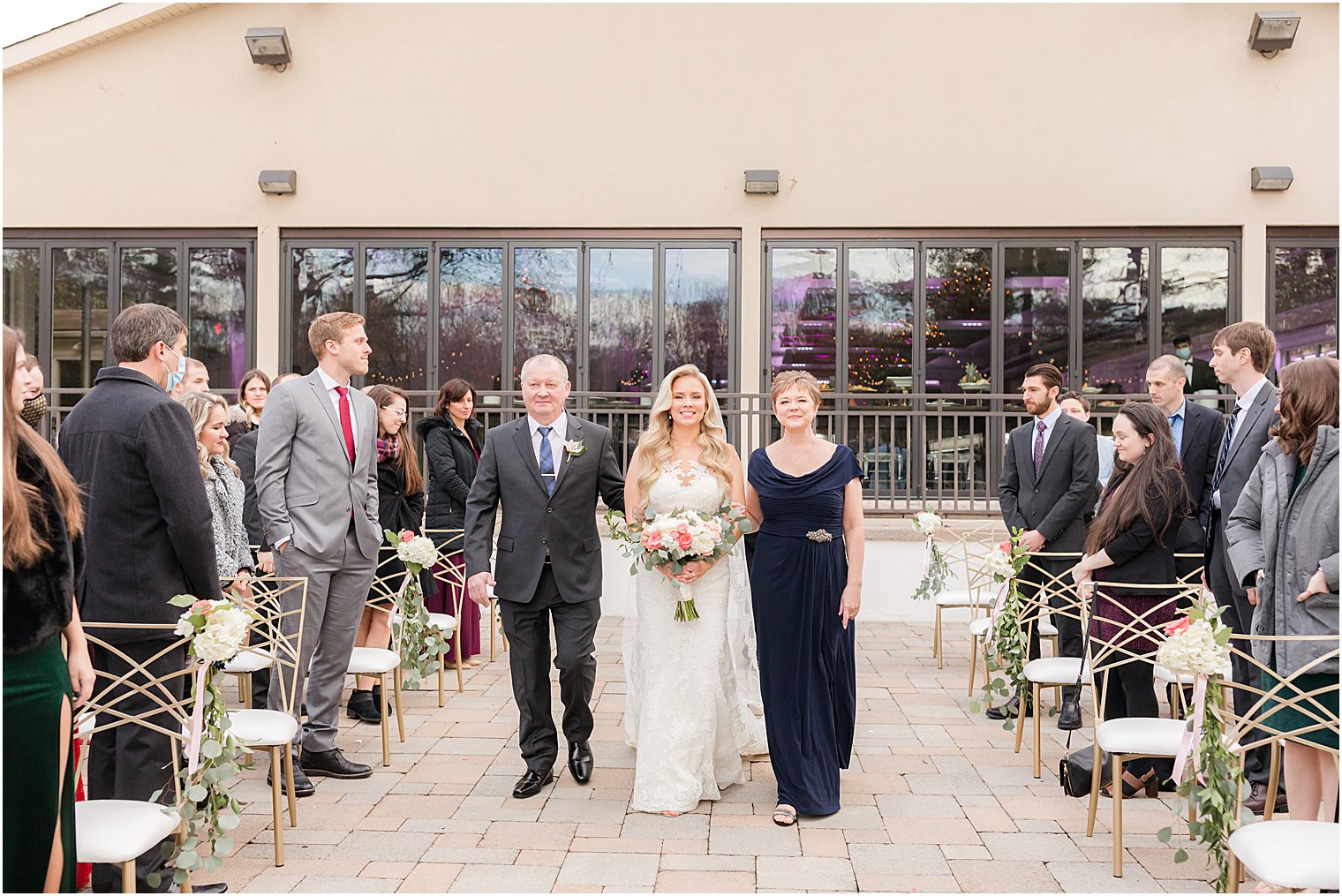 parents walk bride down the aisle for outdoor wedding ceremony in East Brunswick NJ