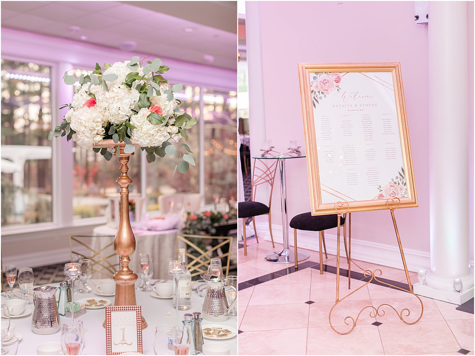 gold and pink details for the Estate at Farrington Lake wedding reception 