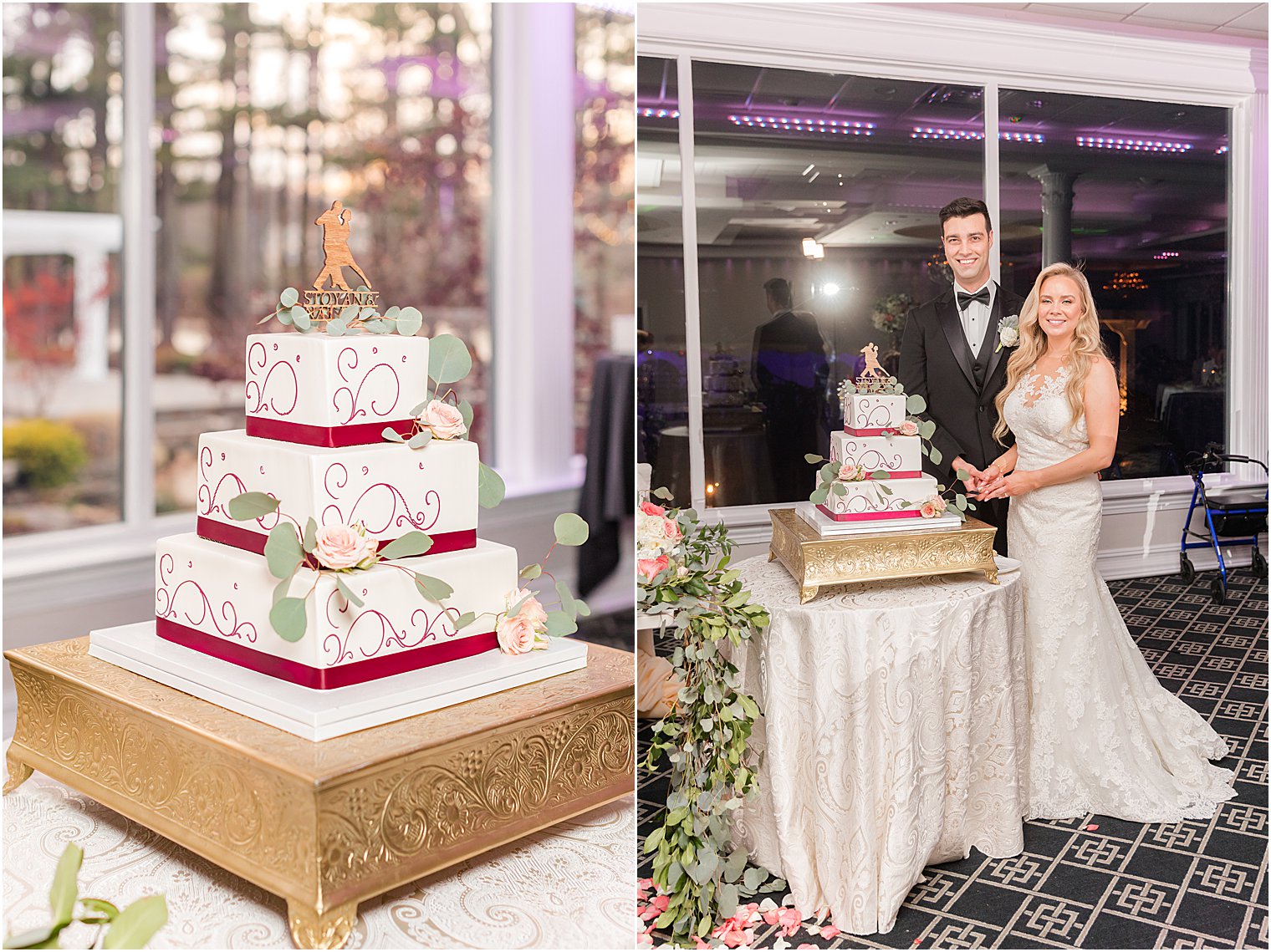 bride and groom cut wedding cake with red details at the Estate at Farrington Lake