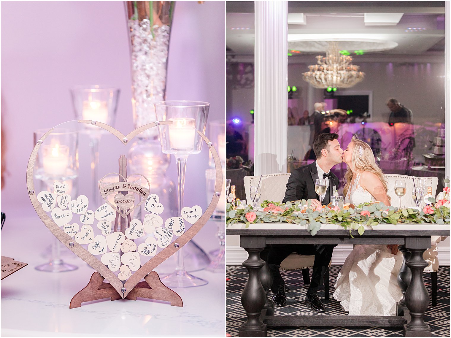 bride and groom kiss next to wooden heart guest book for winter wedding
