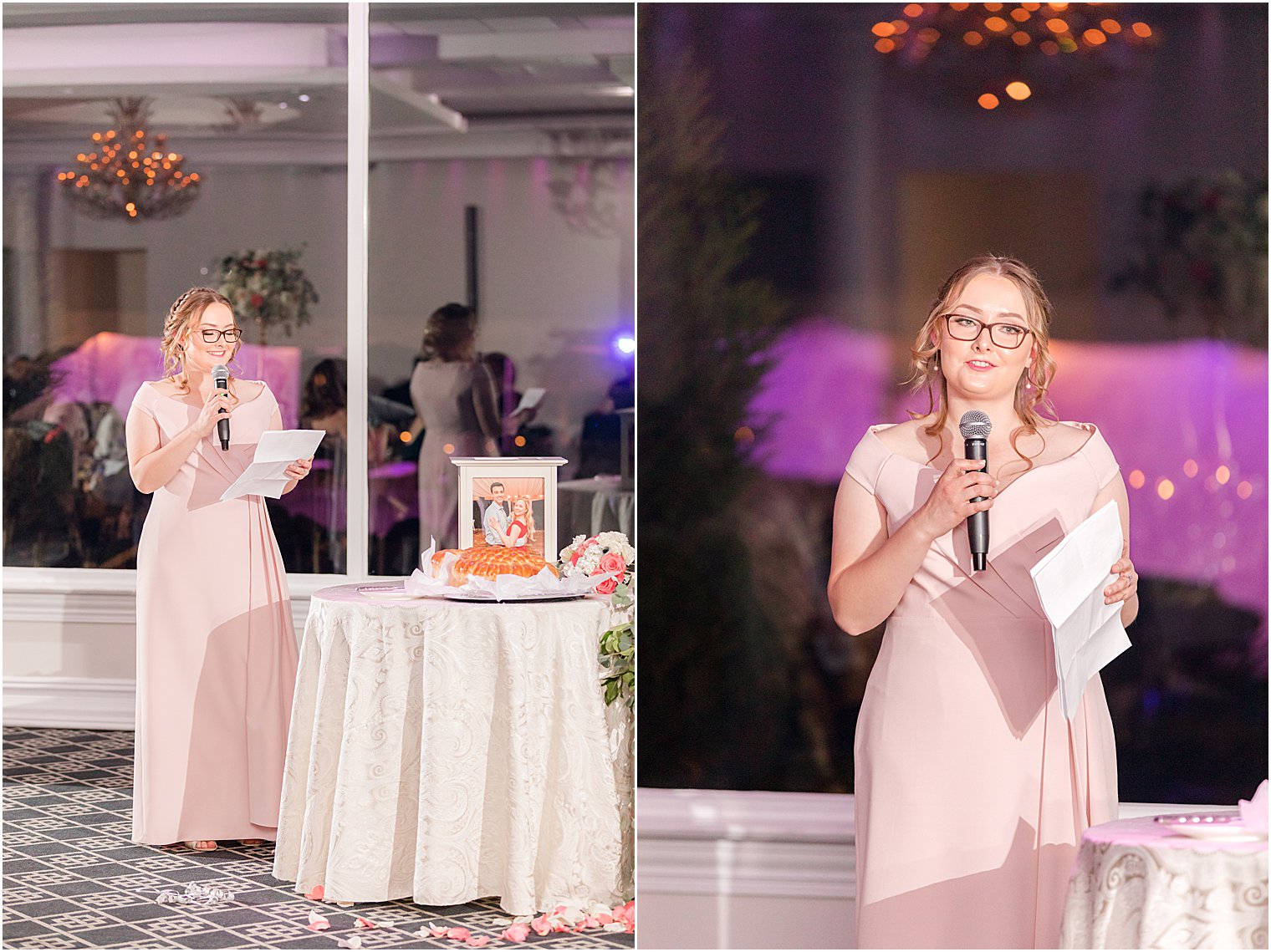 maid of honor reads speech during NJ wedding reception 