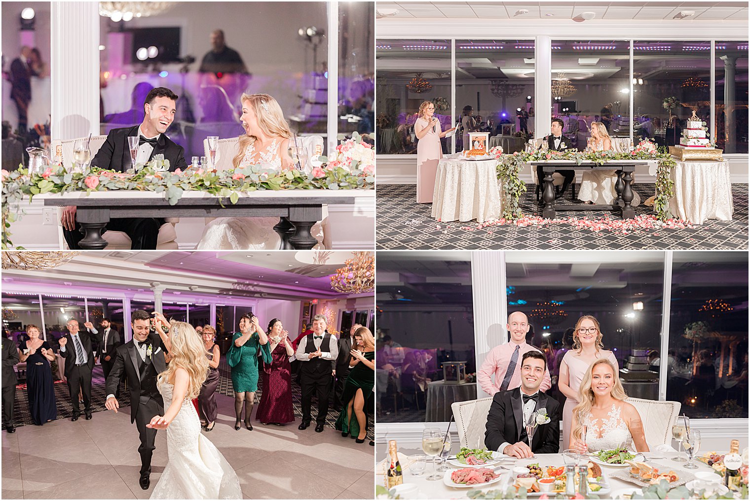 newlyweds laugh during toasts at the Estate at Farrington Lake wedding reception 