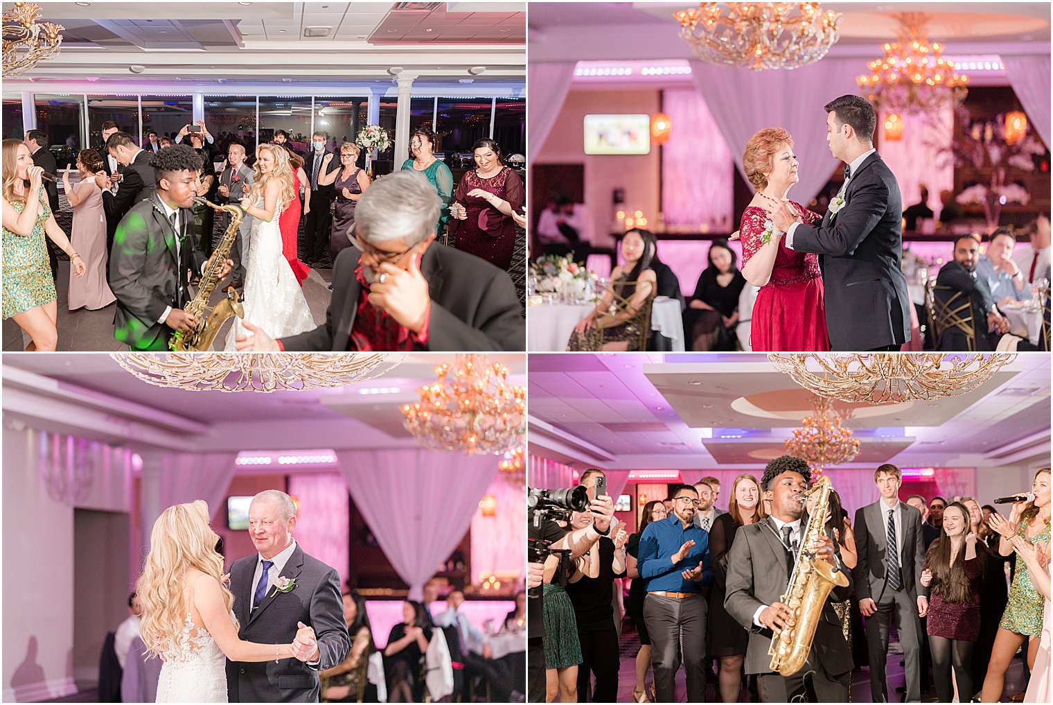 bride and groom dance with parents while saxophone play dances on floor
