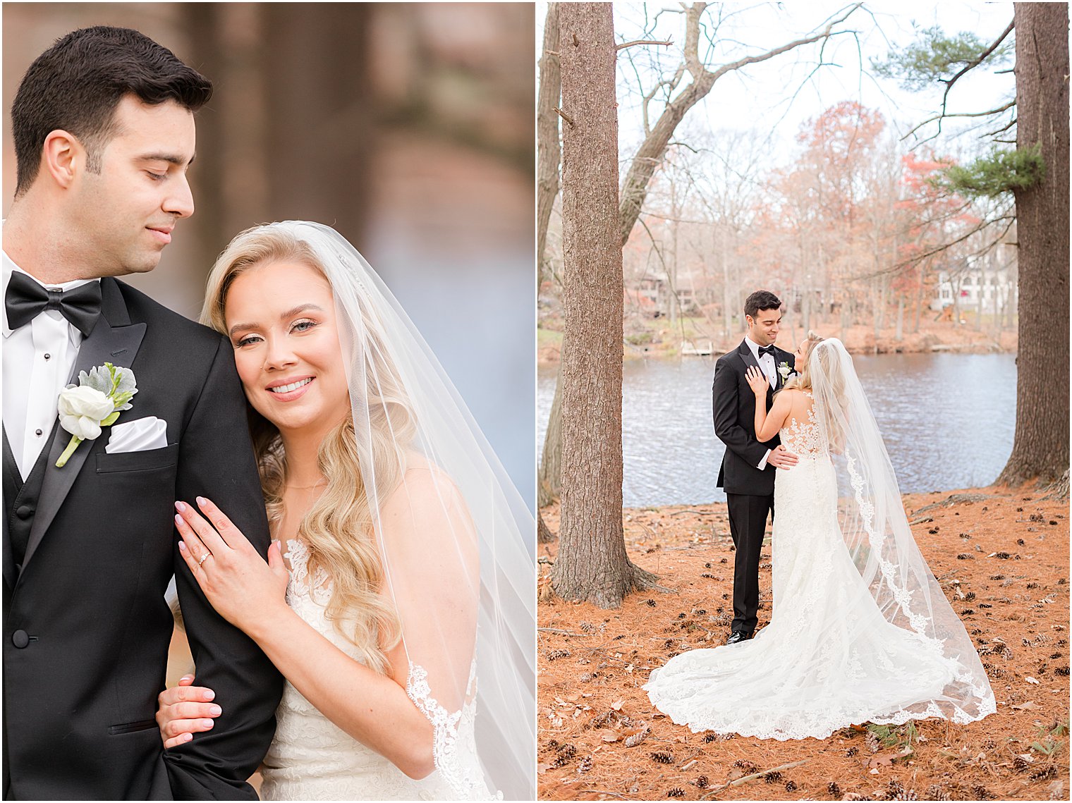 bride holds onto groom's arm during wedding portraits at the Estate at Farmington Lake