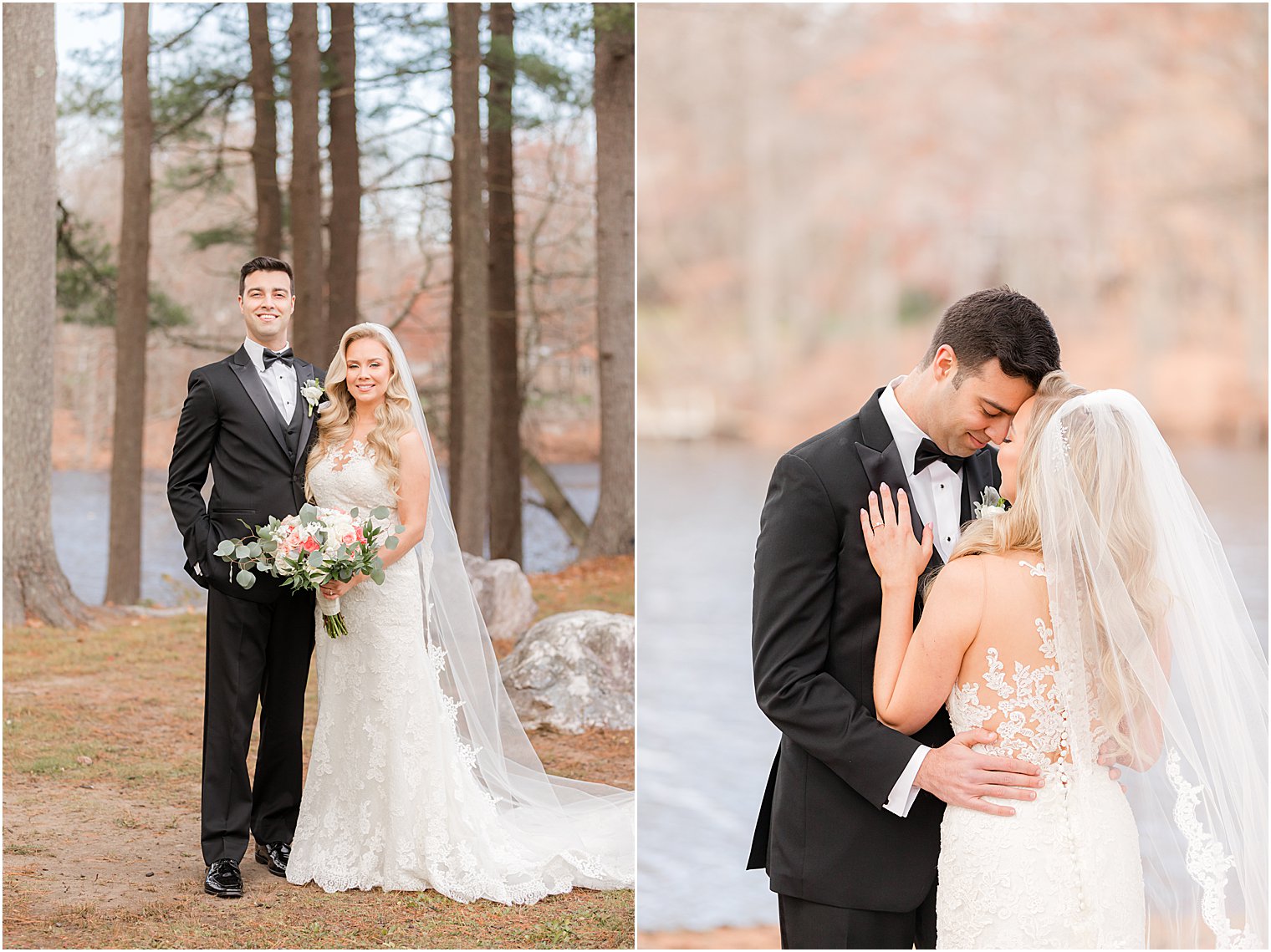 couple hugs in woods during winter wedding portraits at the Estate at Farmington Lake