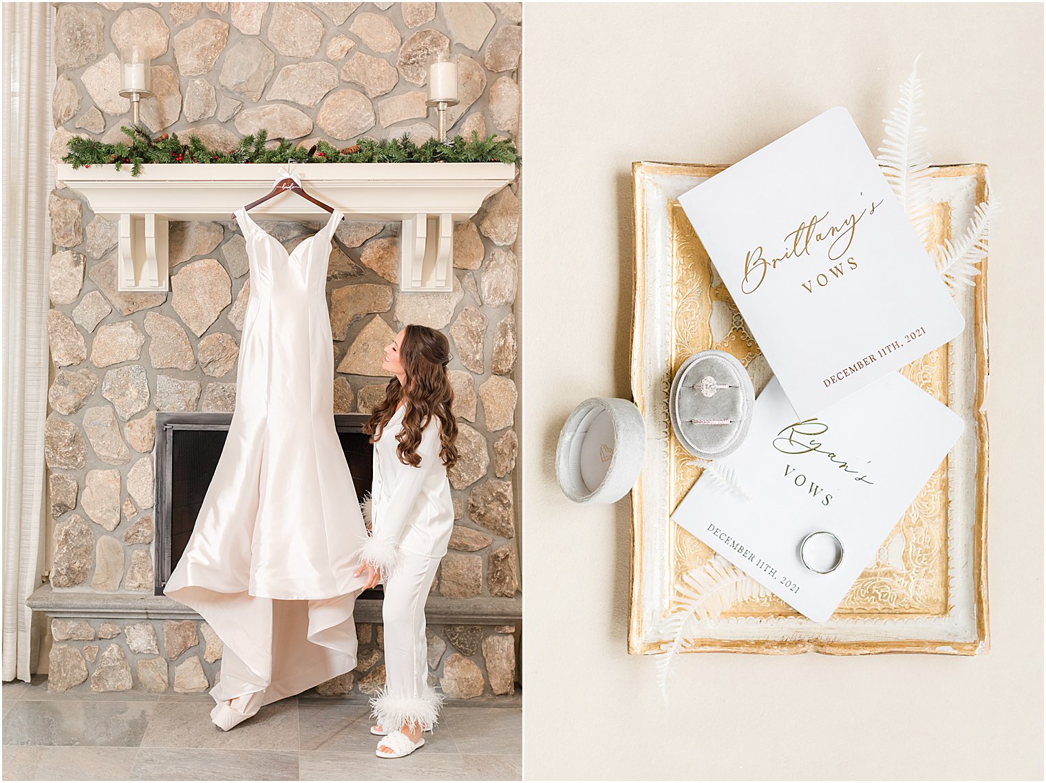 bride looks at wedding gown over stone fireplace at Indian Trail Club