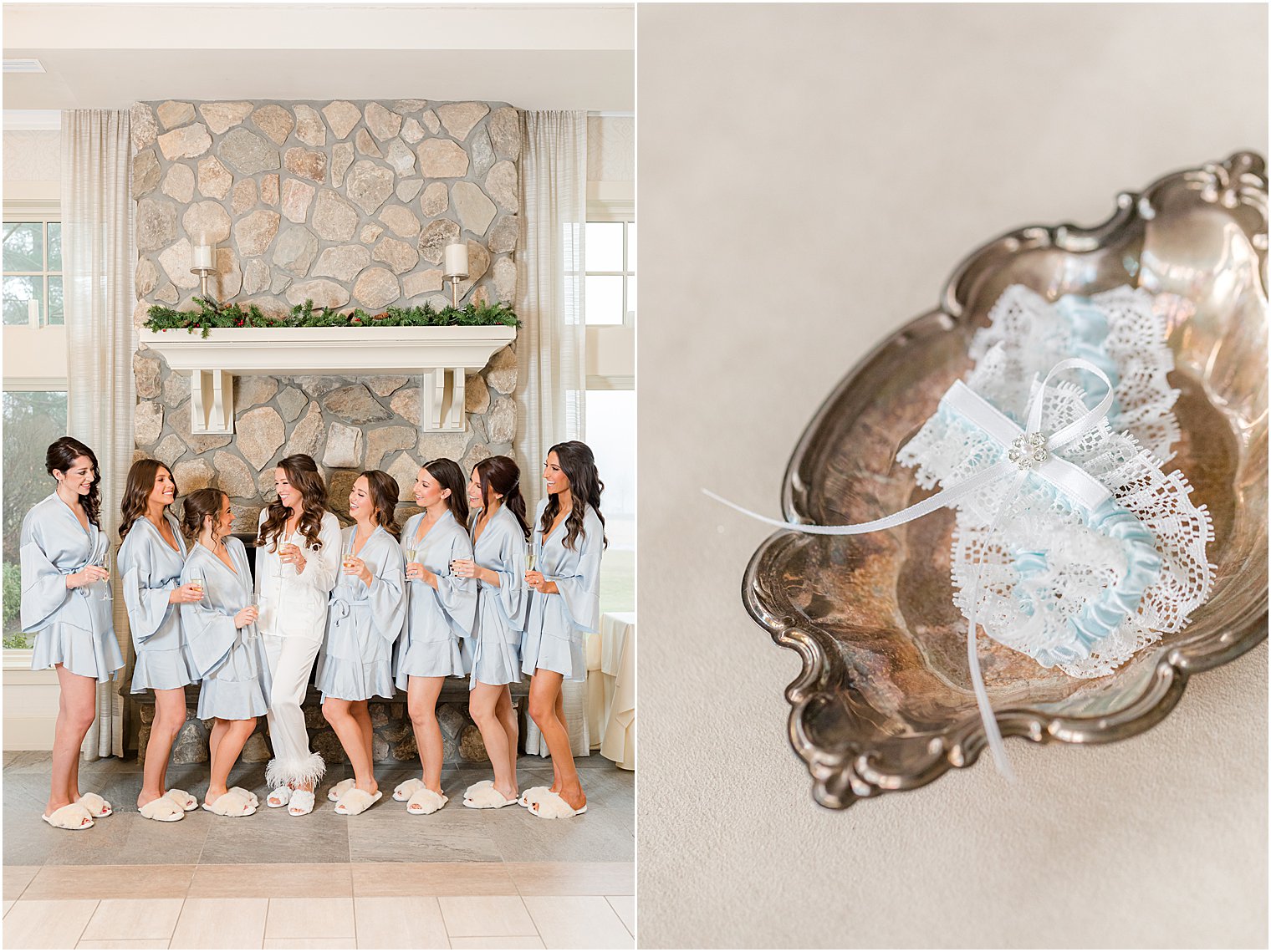 bride and bridesmaids pose in matching pajamas at Indian Trail Club