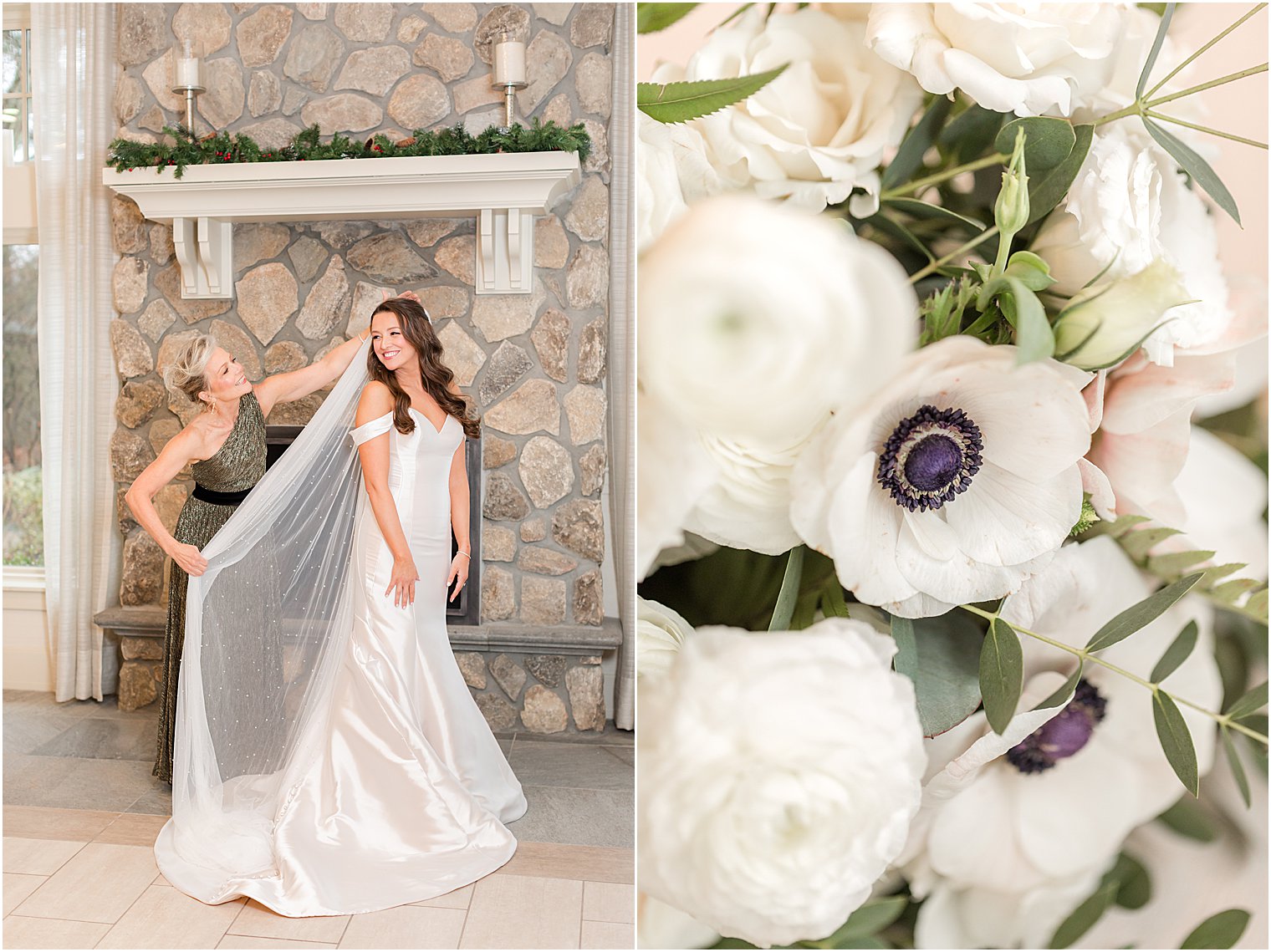 mother helps bride with veil before winter wedding at Indian Trail Club