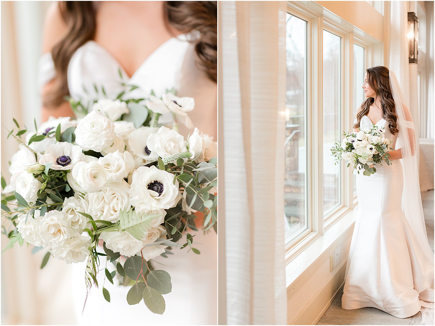 bride looks out window at snow on wedding day