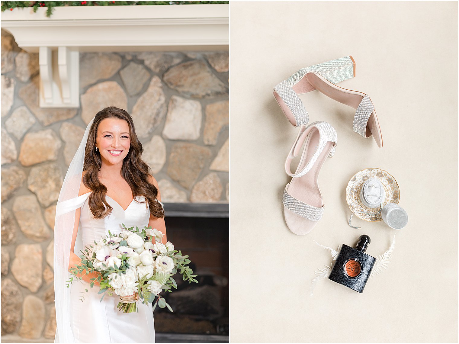 bride poses by stone fireplace at Indian Trail Club