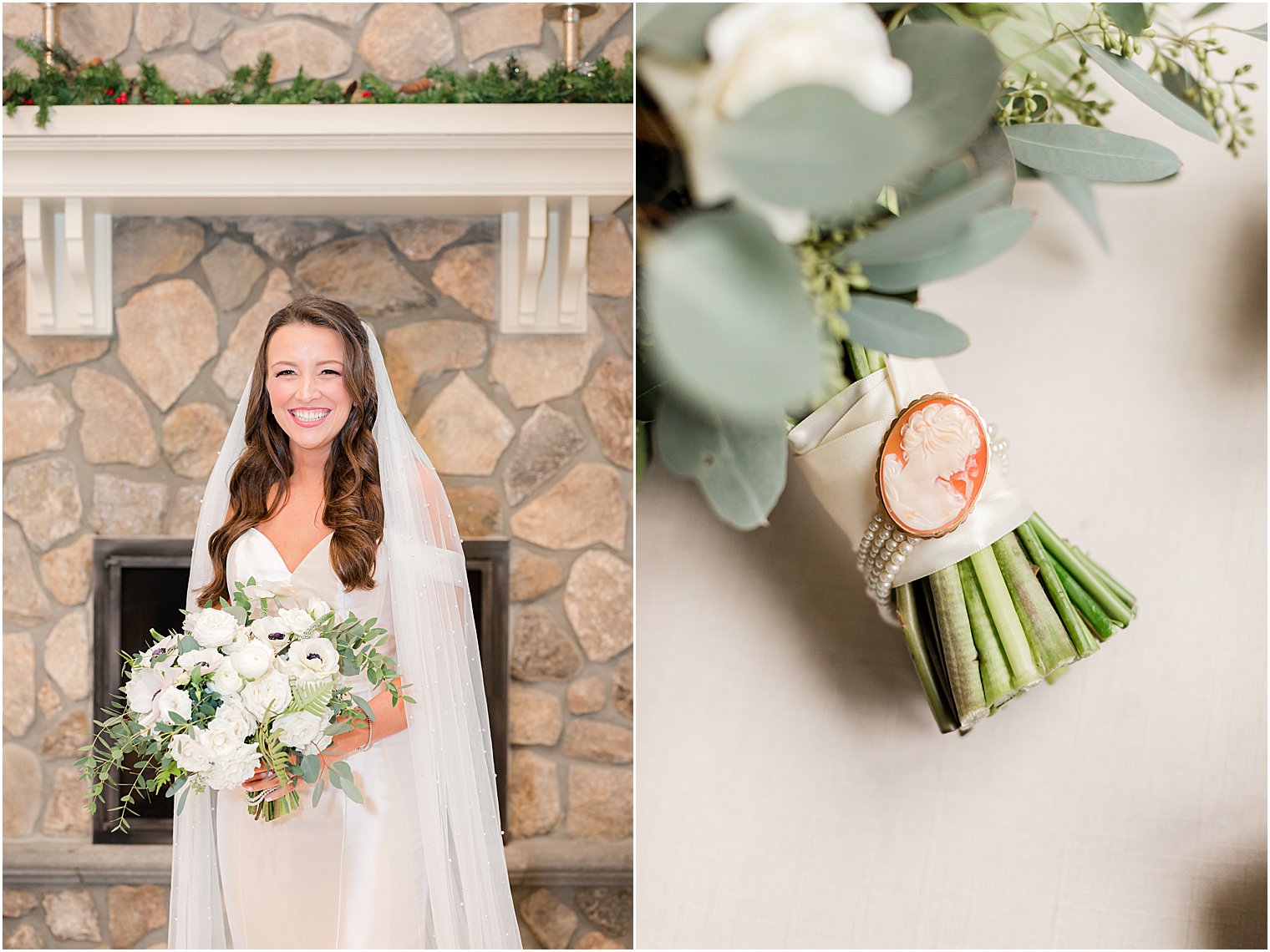 bride poses by fireplace holding bouquet with brooch