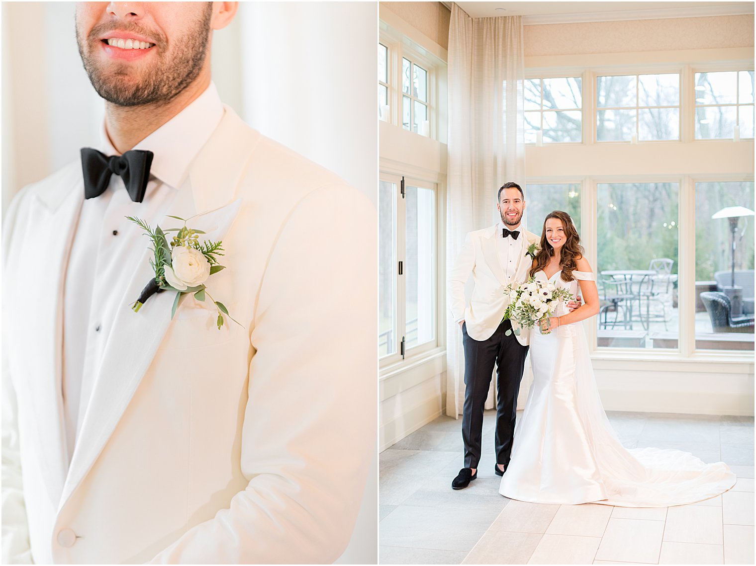 bride and groom pose together by windows