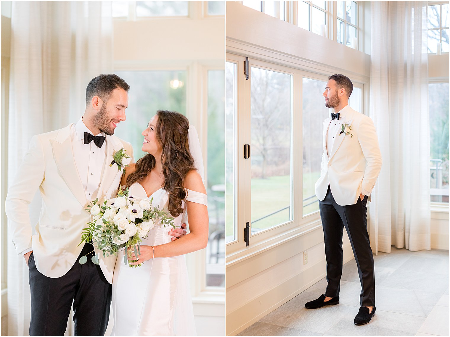 groom looks out window in white tux for winter wedding 