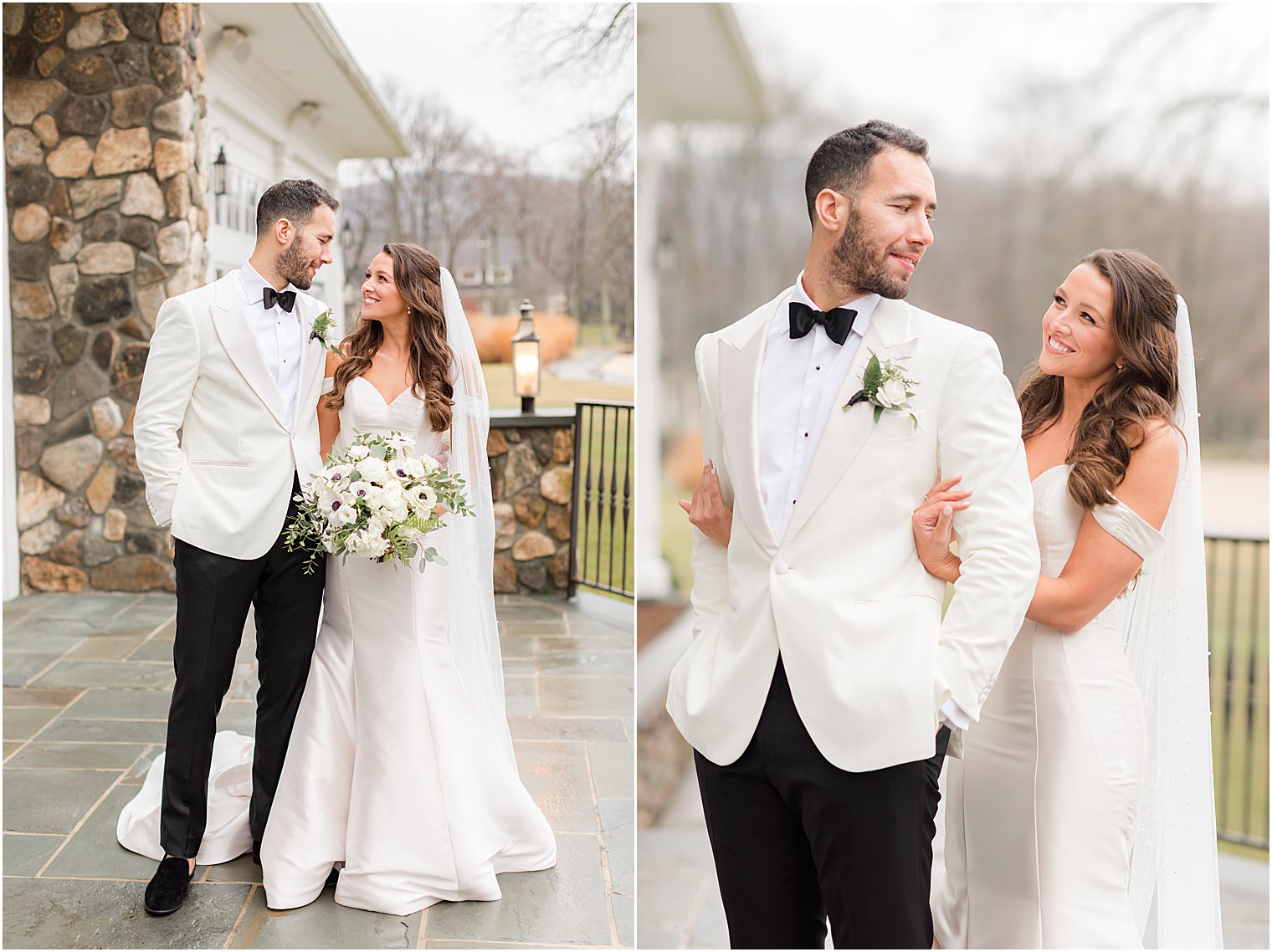 bride and groom smile at each other during portraits on patio at Indian Trail Club