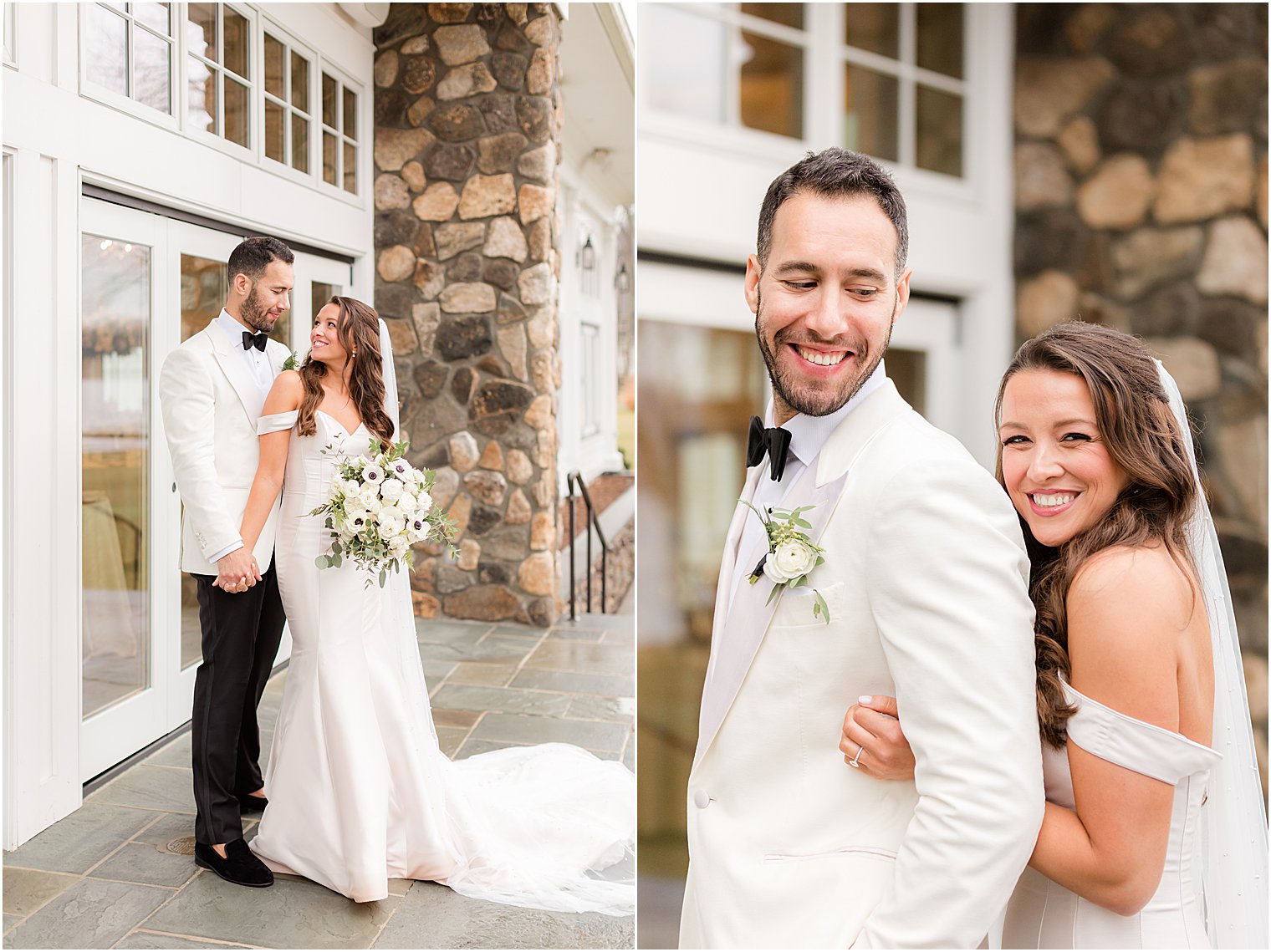 bride hugs groom from behind on patio at Indian Trail Club