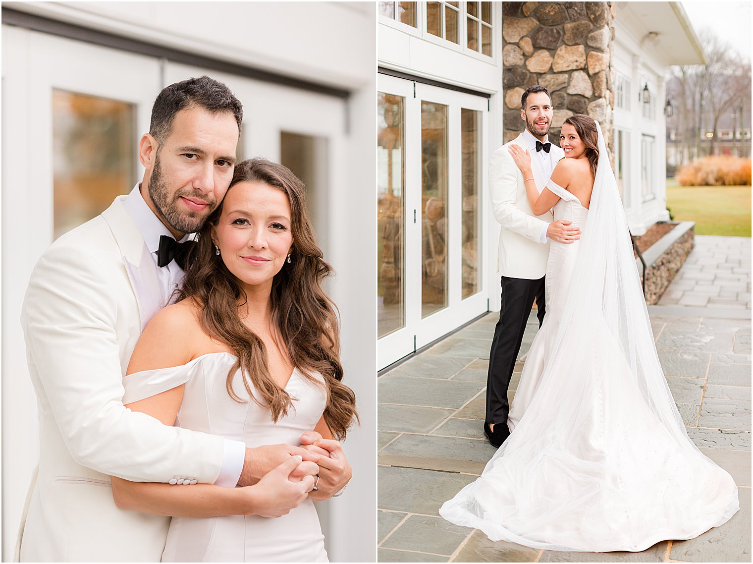 groom hugs bride from behind during Indian Trail Club wedding portraits 