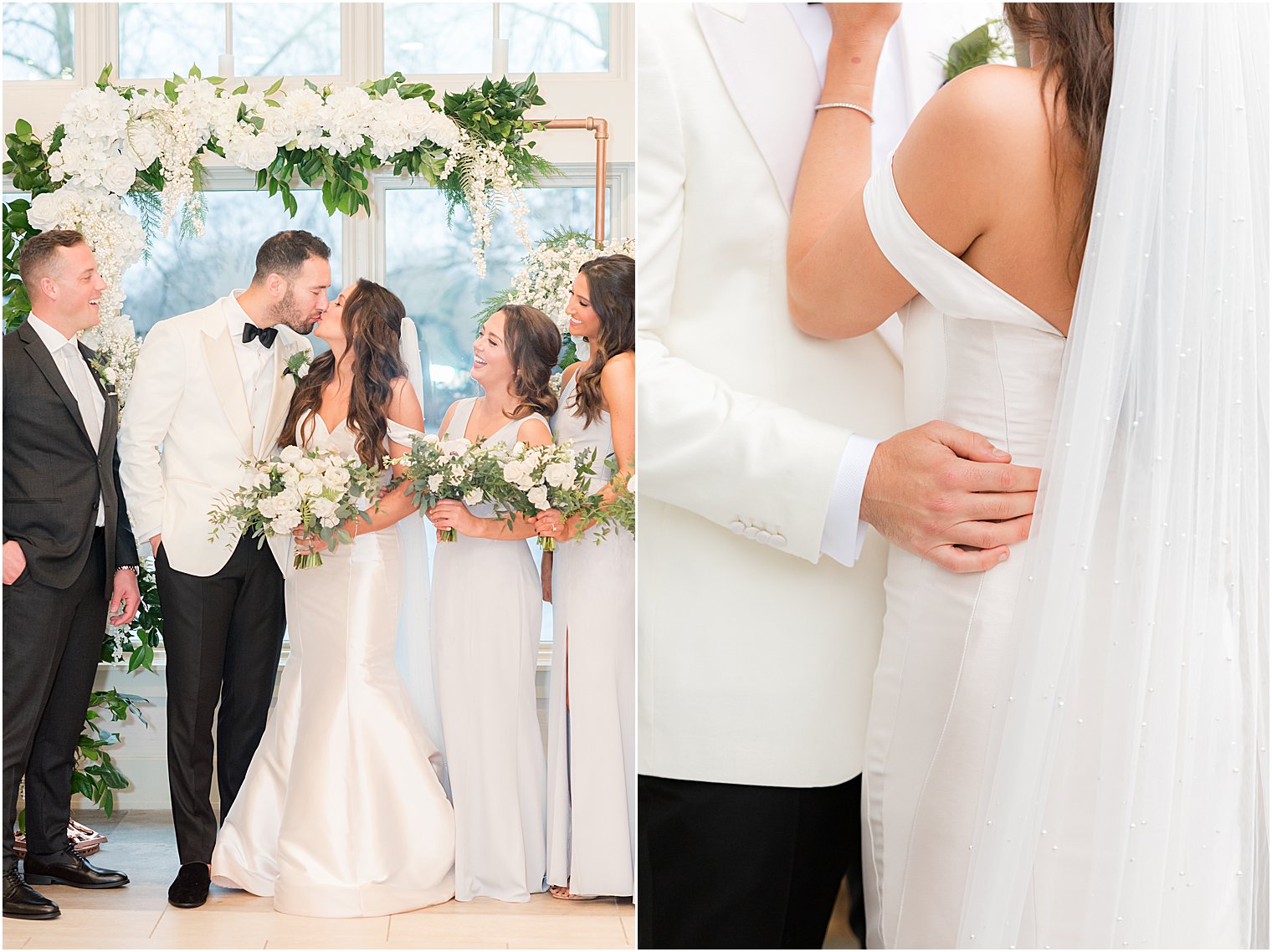 bride and groom hug under arbor at Indian Trail Club