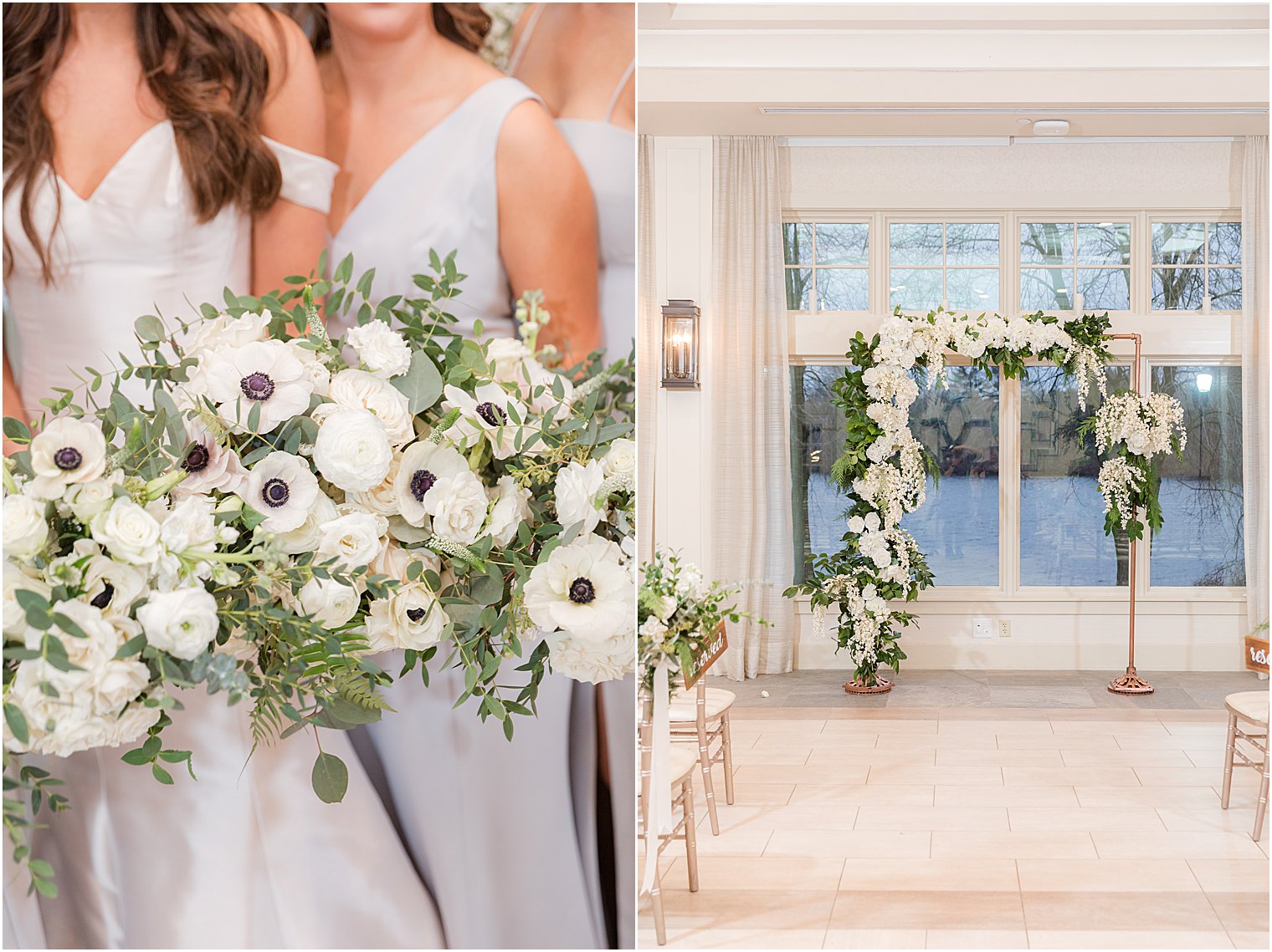 bridesmaids hold bouquets of white flowers