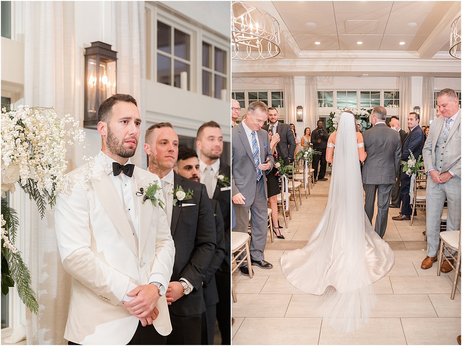 groom watches bride walk down the aisle for Jewish wedding ceremony in Franklin Lakes NJ
