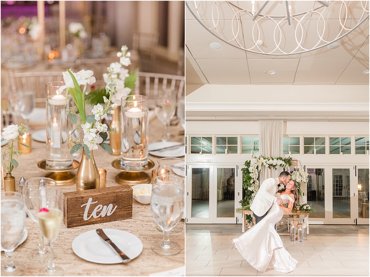 bride and groom kiss in ballroom at Indian Trail Club