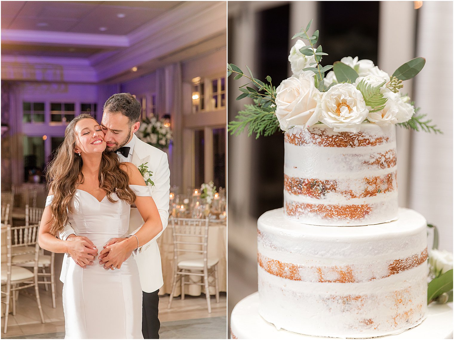 groom kisses bride in ballroom at Indian Trail Club