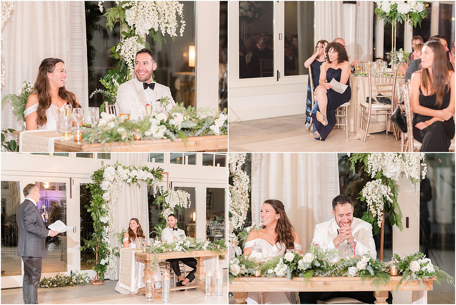 bride and groom listen to speeches during Franklin Lakes NJ wedding reception