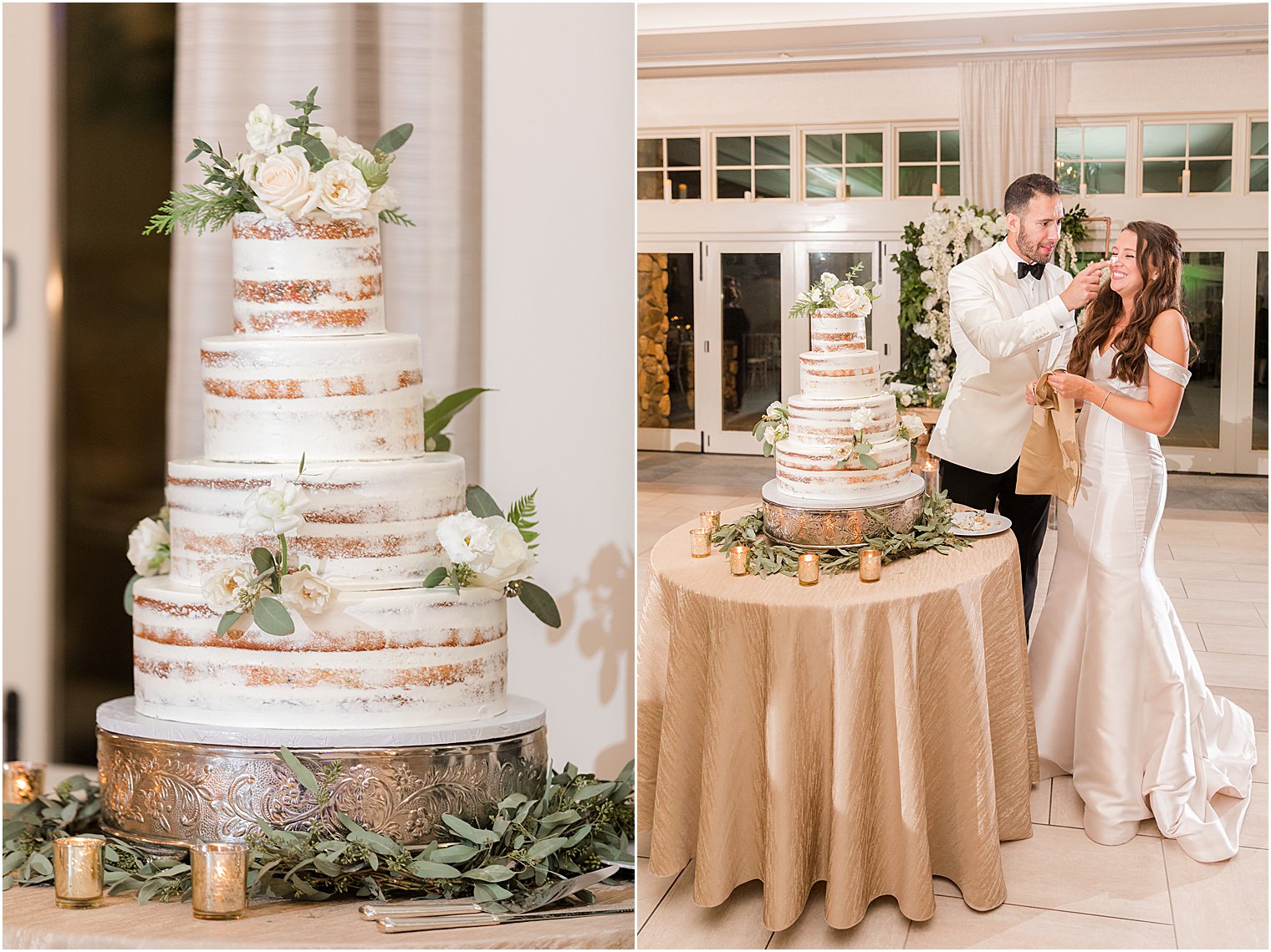 married couple poses by tiered wedding cake at Franklin Lakes NJ wedding reception