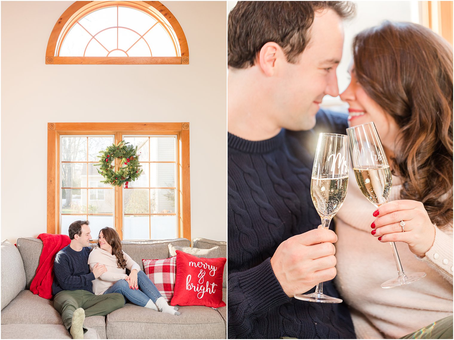 couple sits on couch with Christmas pillows during cozy in-home holiday engagement session