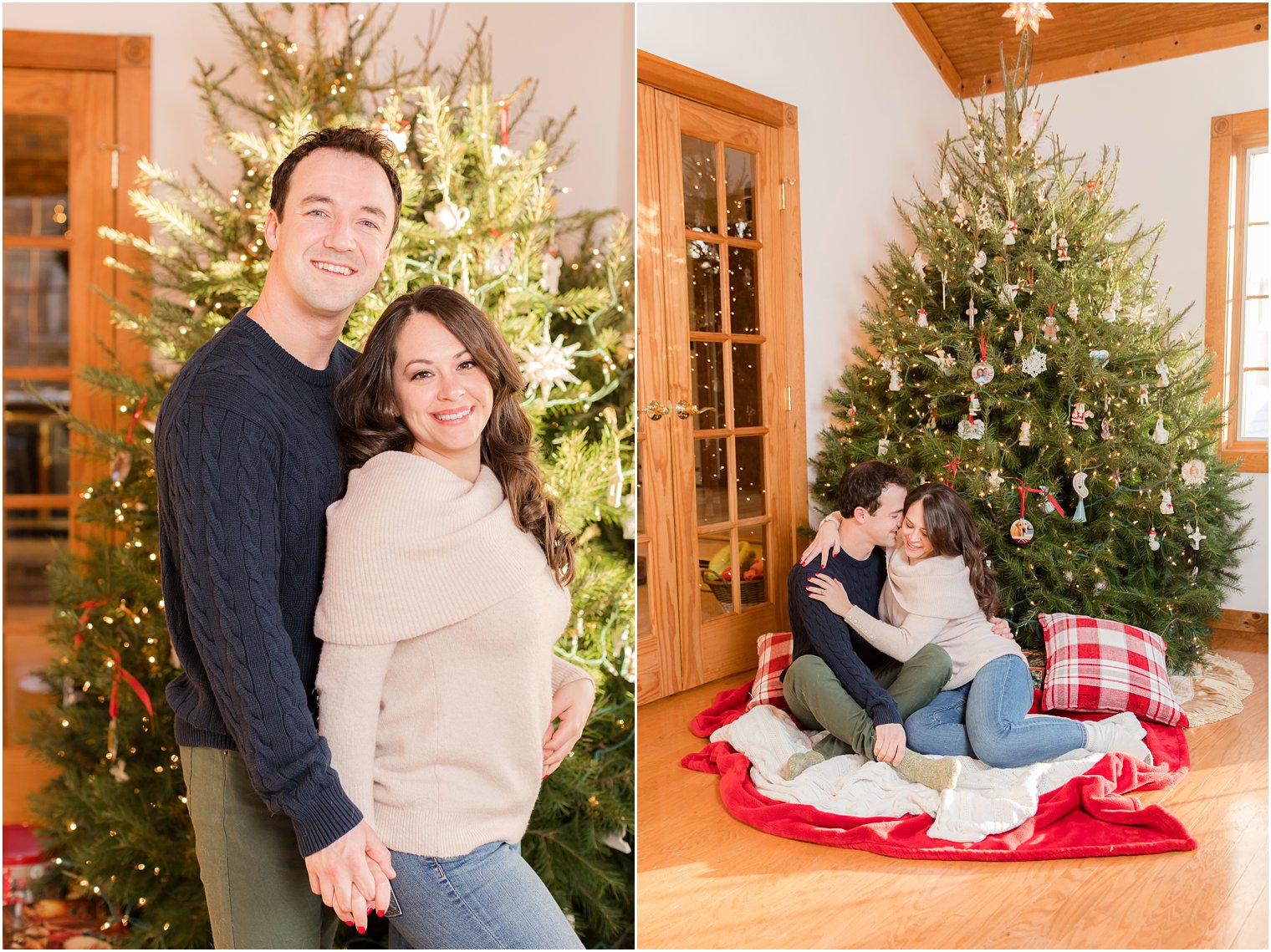 bride and groom pose by Christmas tree during cozy in-home holiday engagement session