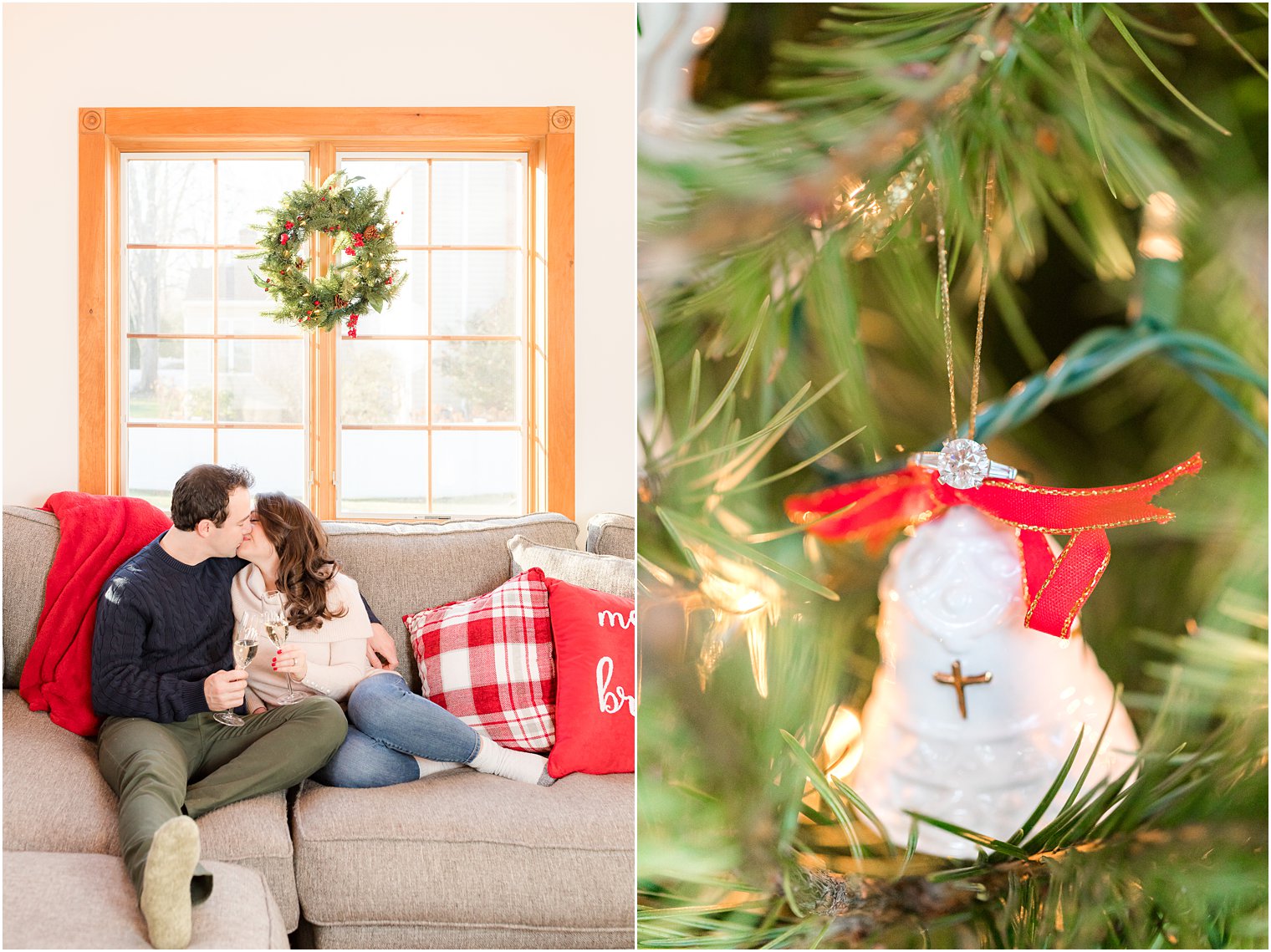 bride and groom sit holding champagne glasses by Christmas wreath during cozy in-home holiday engagement session