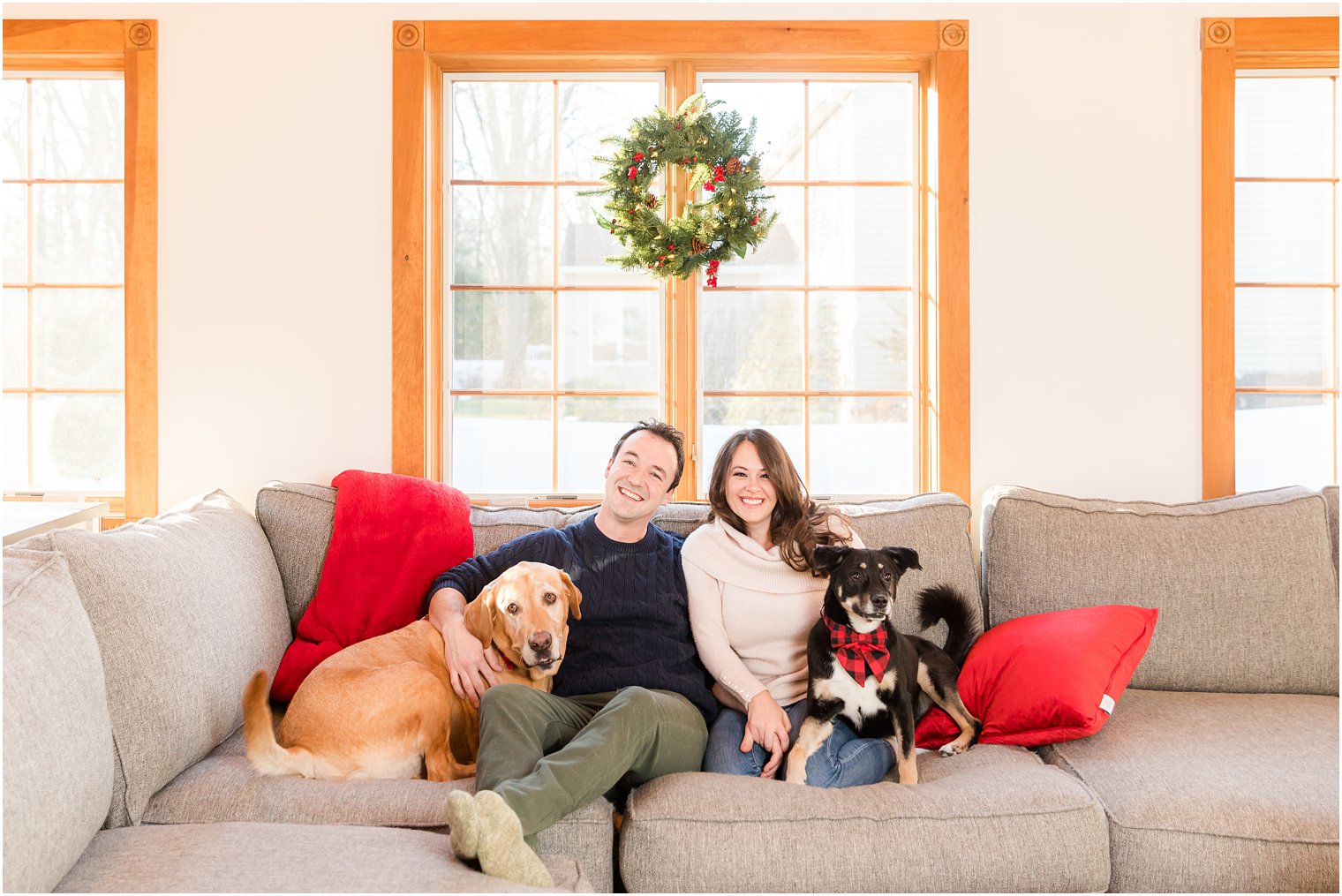 bride and groom sit on couch with two dogs during cozy in-home holiday engagement session