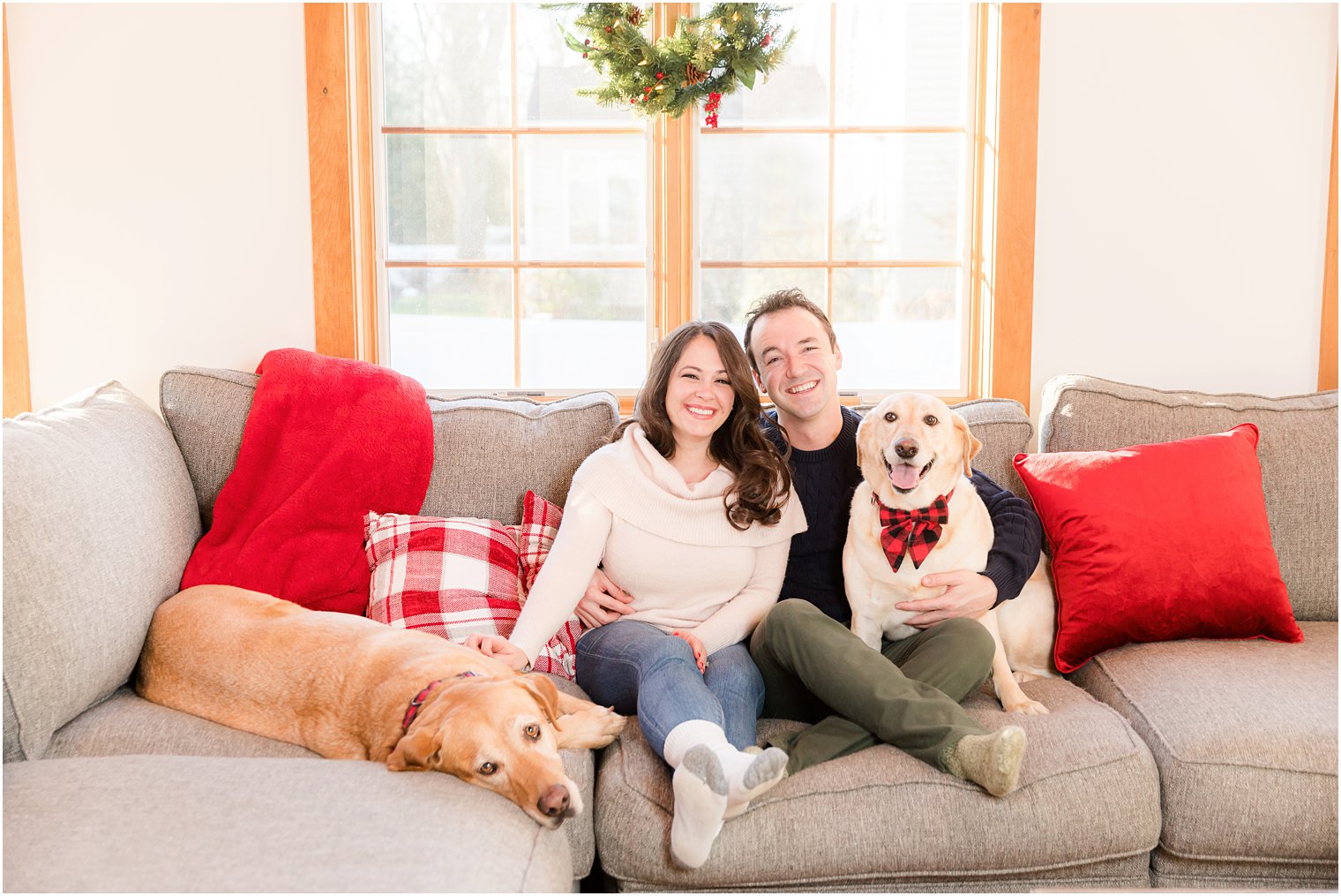 bride and groom sit on the couch with two dogs at home
