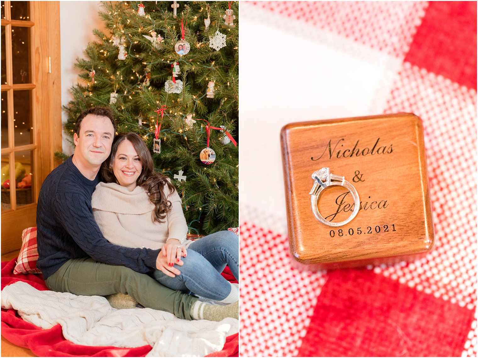 bride and groom pose by Christmas tree at home during cozy in-home holiday engagement session