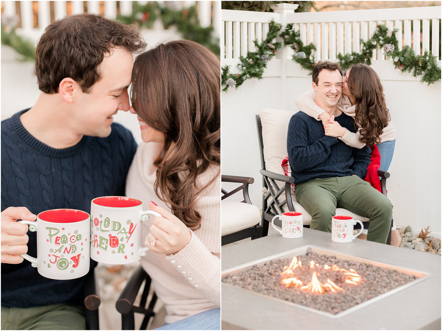couple holds coffee mugs sitting together on patio for engagement session 