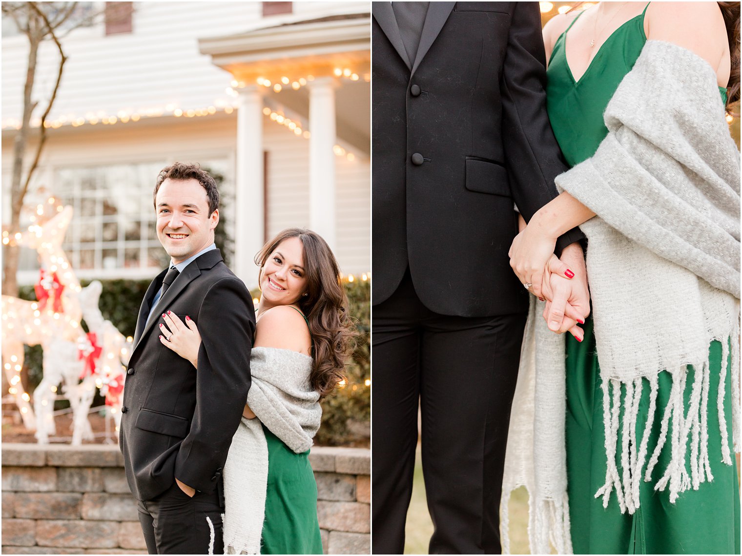 winter engagement session on front lawn of New Jersey house 