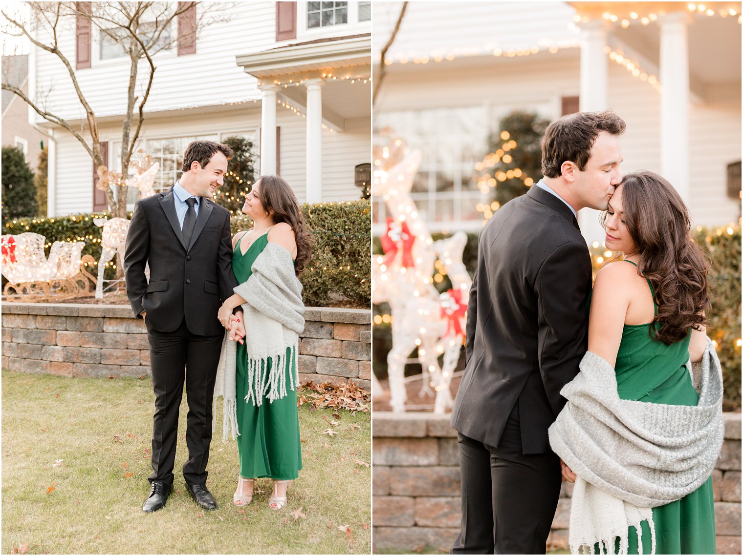 engaged couple hugs on front lawn during holiday inspired engagement session 