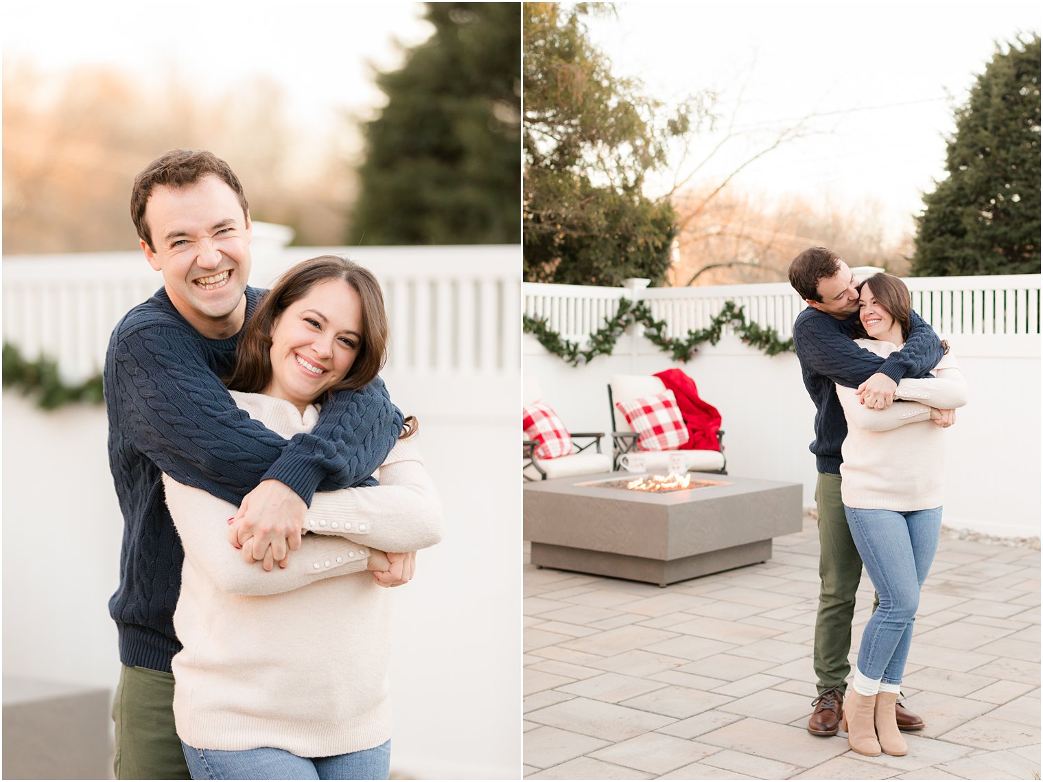 bride and groom hug in backyard patio during cozy in-home holiday engagement session