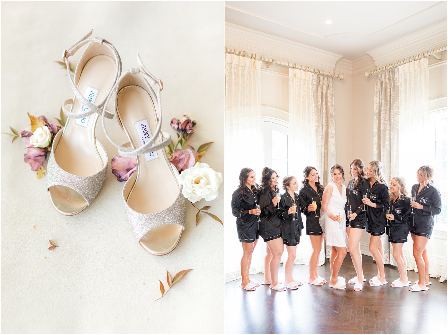 bride and bridesmaids pose with champagne in corner of Park Chateau Estate bridal suite