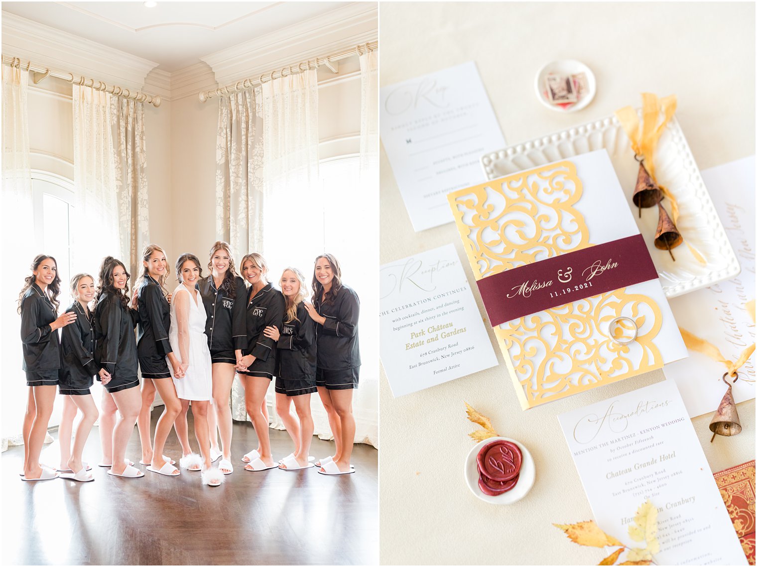 bride stands with bridesmaids in matching black pajamas in the bridal suite at Park Chateau Estate