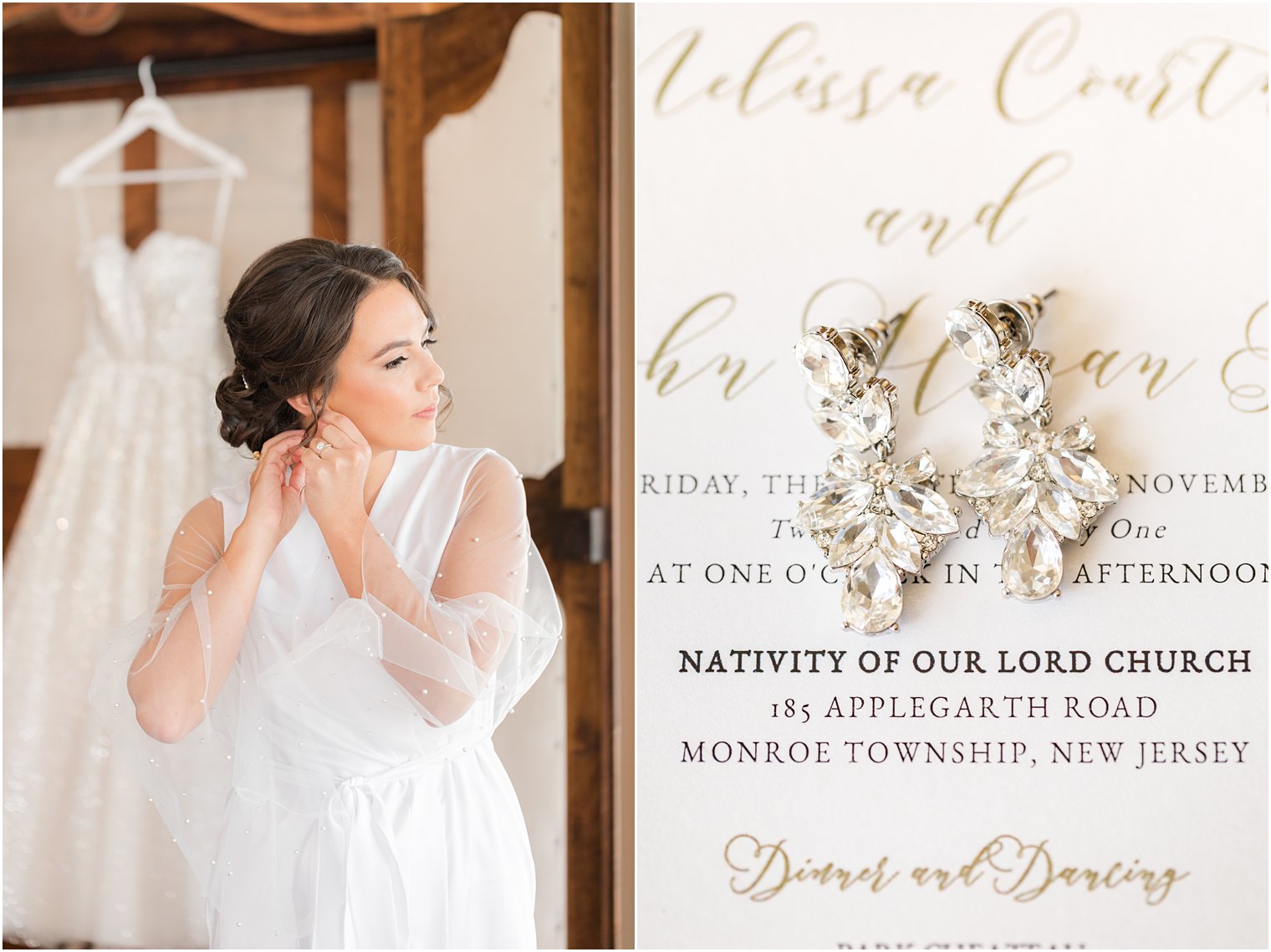 bride puts on diamond earrings for fall wedding