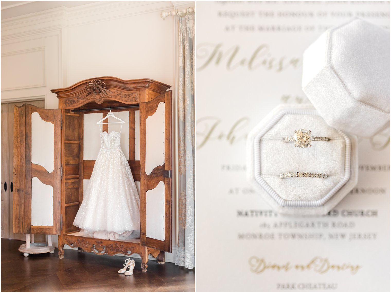 bride's wedding dress hangs in armoir at Park Chateau Estate