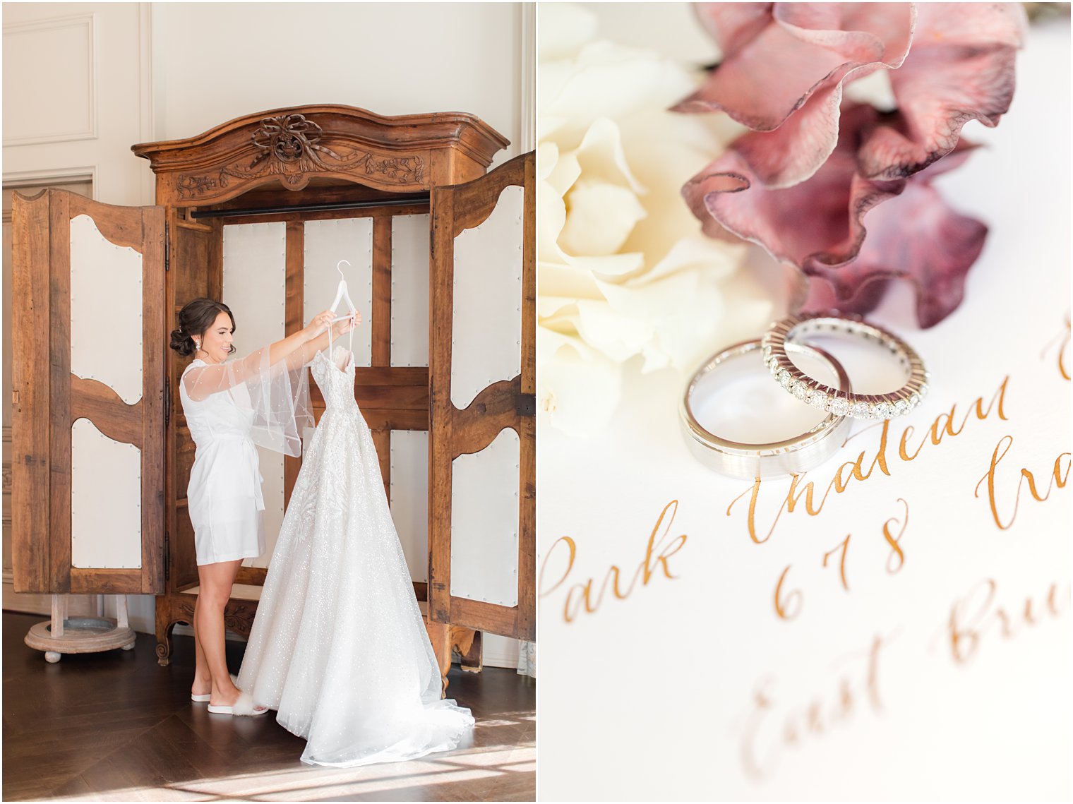 bride looks at wedding dress in bridal suite at Park Chateau Estate