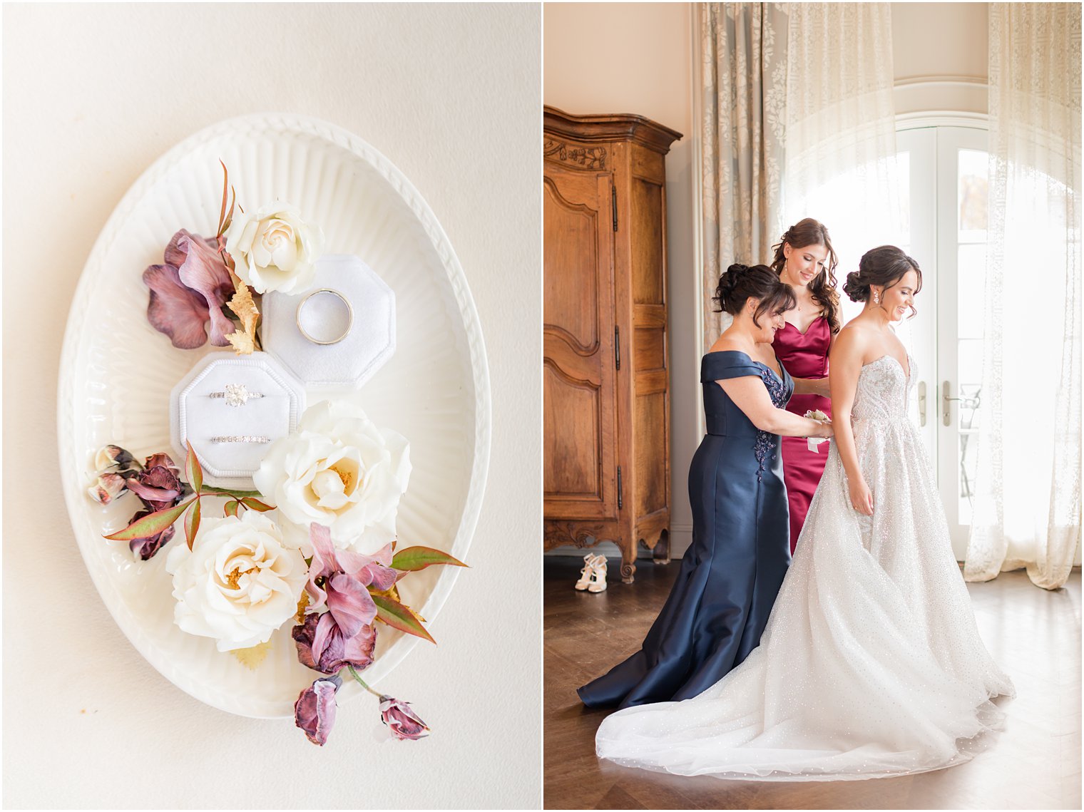 mom and bridesmaid help bride with wedding gown at Park Chateau Estate