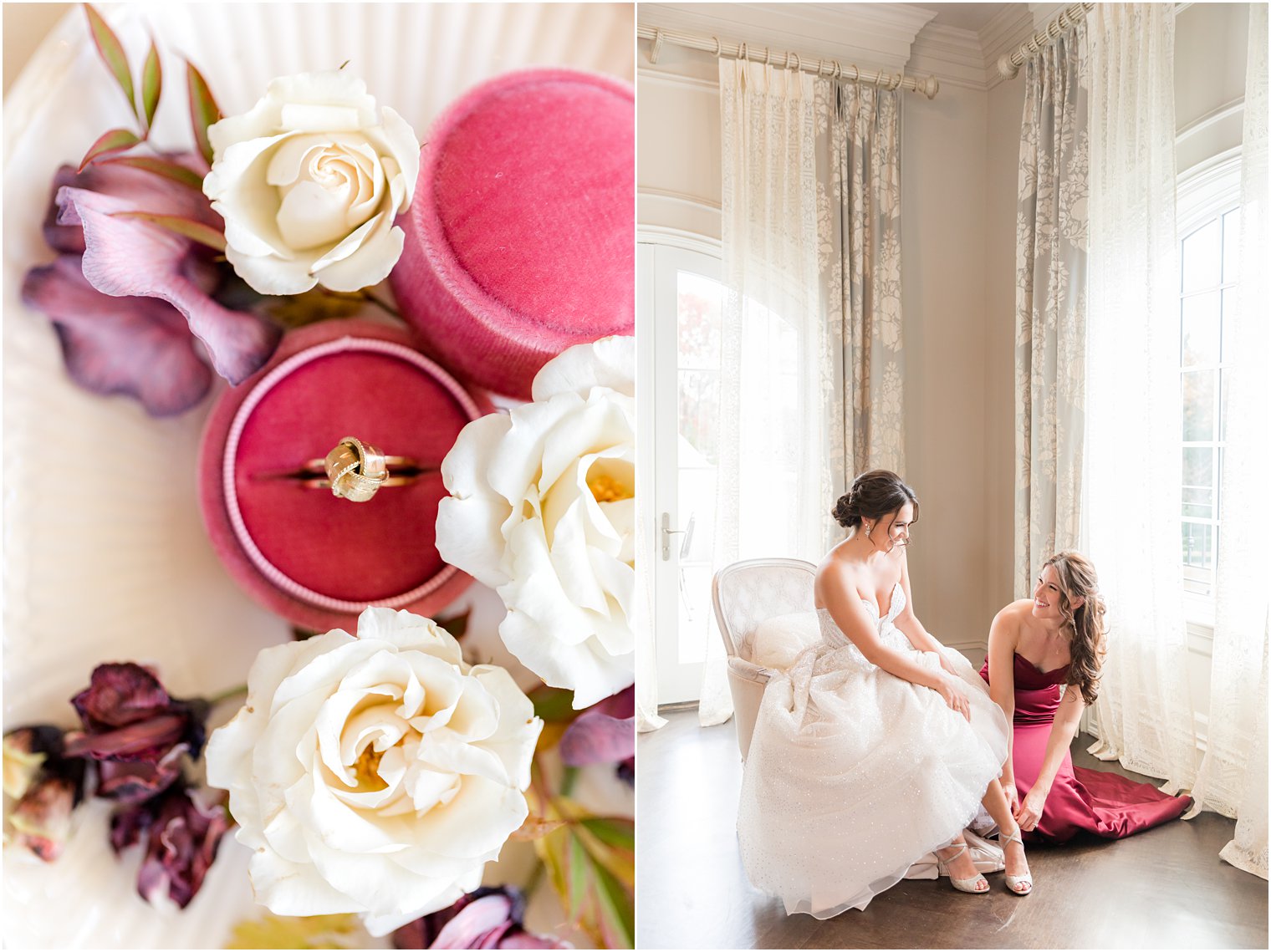 bridesmaid helps bride with shoes before fall wedding in bridal suite at Park Chateau Estate