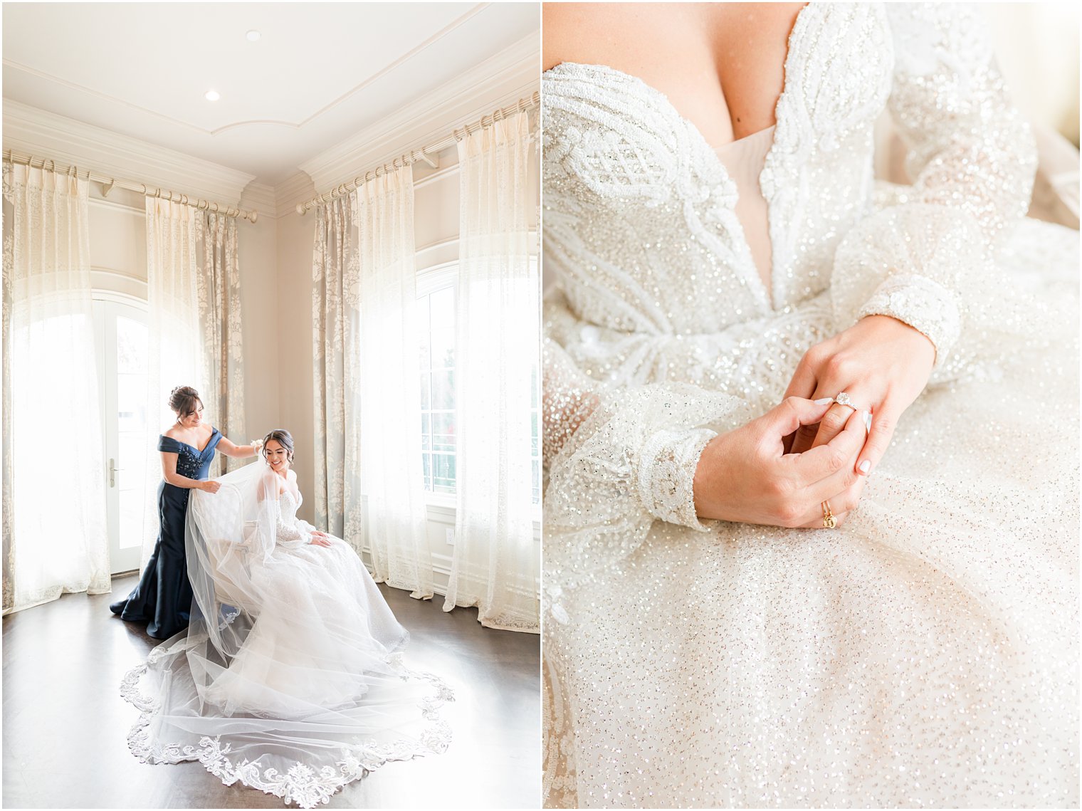 mother of bride helps bride adjust veil for bridal portrait in the Park Chateau Estate bridal suite 