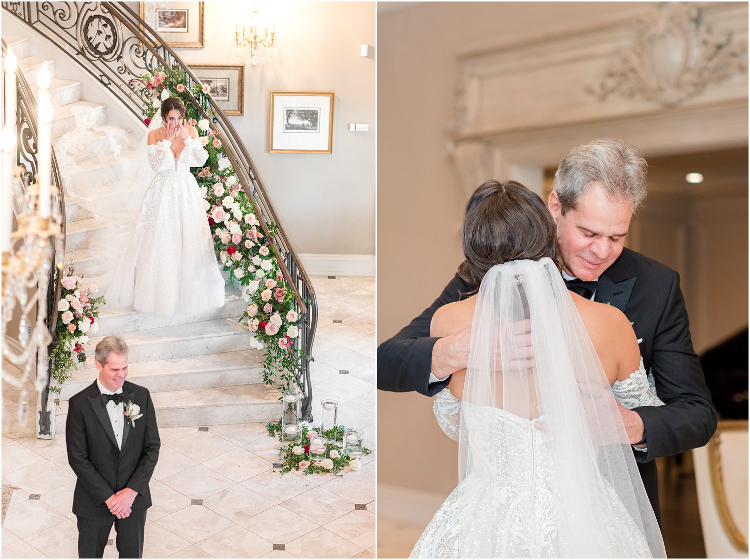 bride and dad have first look on staircase at Park Chateau Estate