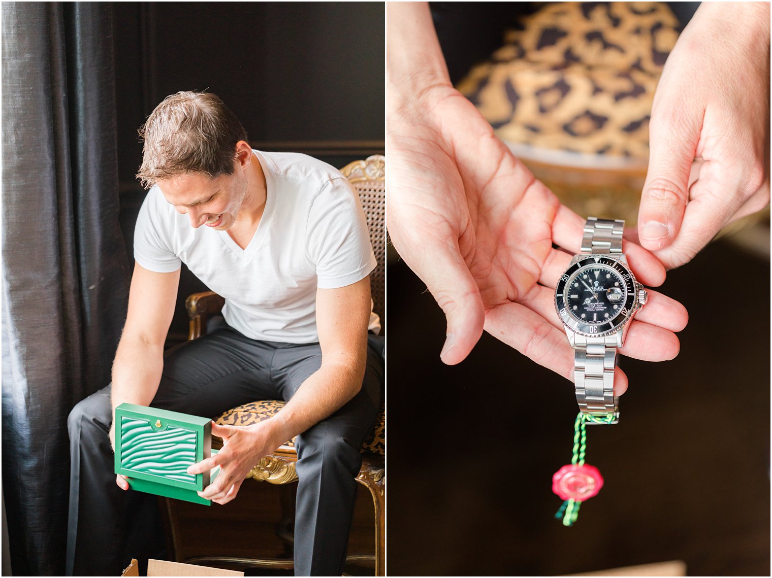 groom opens new watch from bride on wedding day