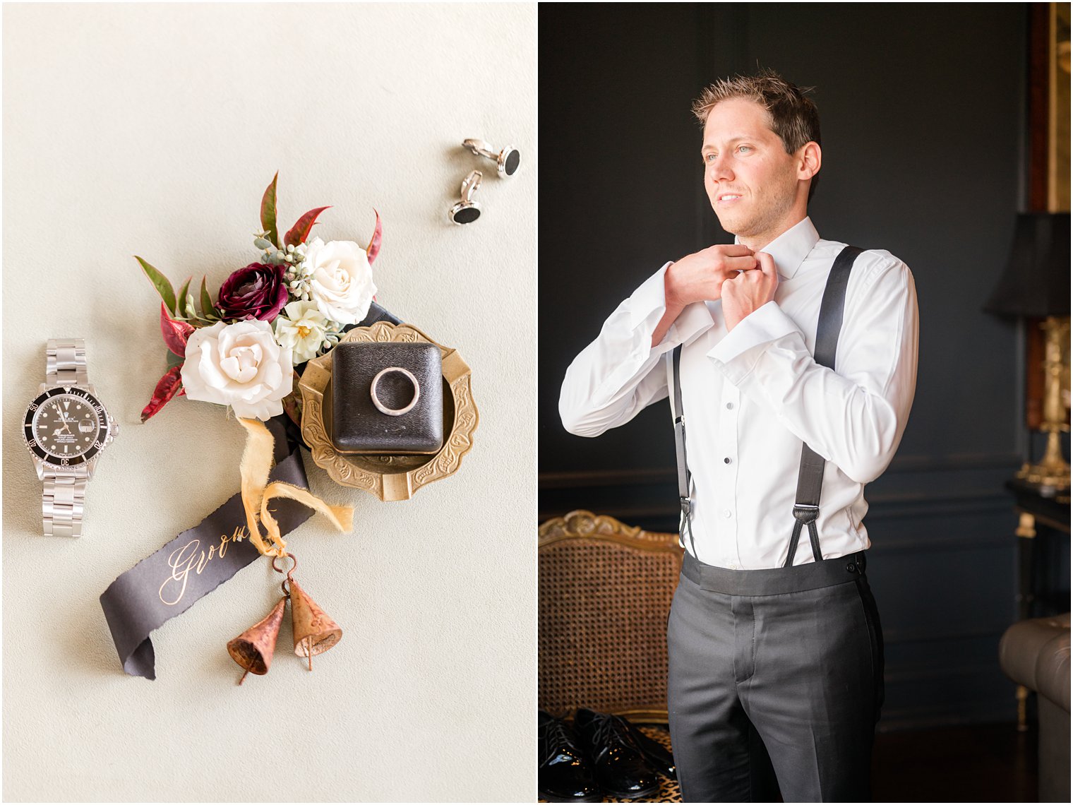 groom adjusts buttons on tux shirt before NJ wedding day