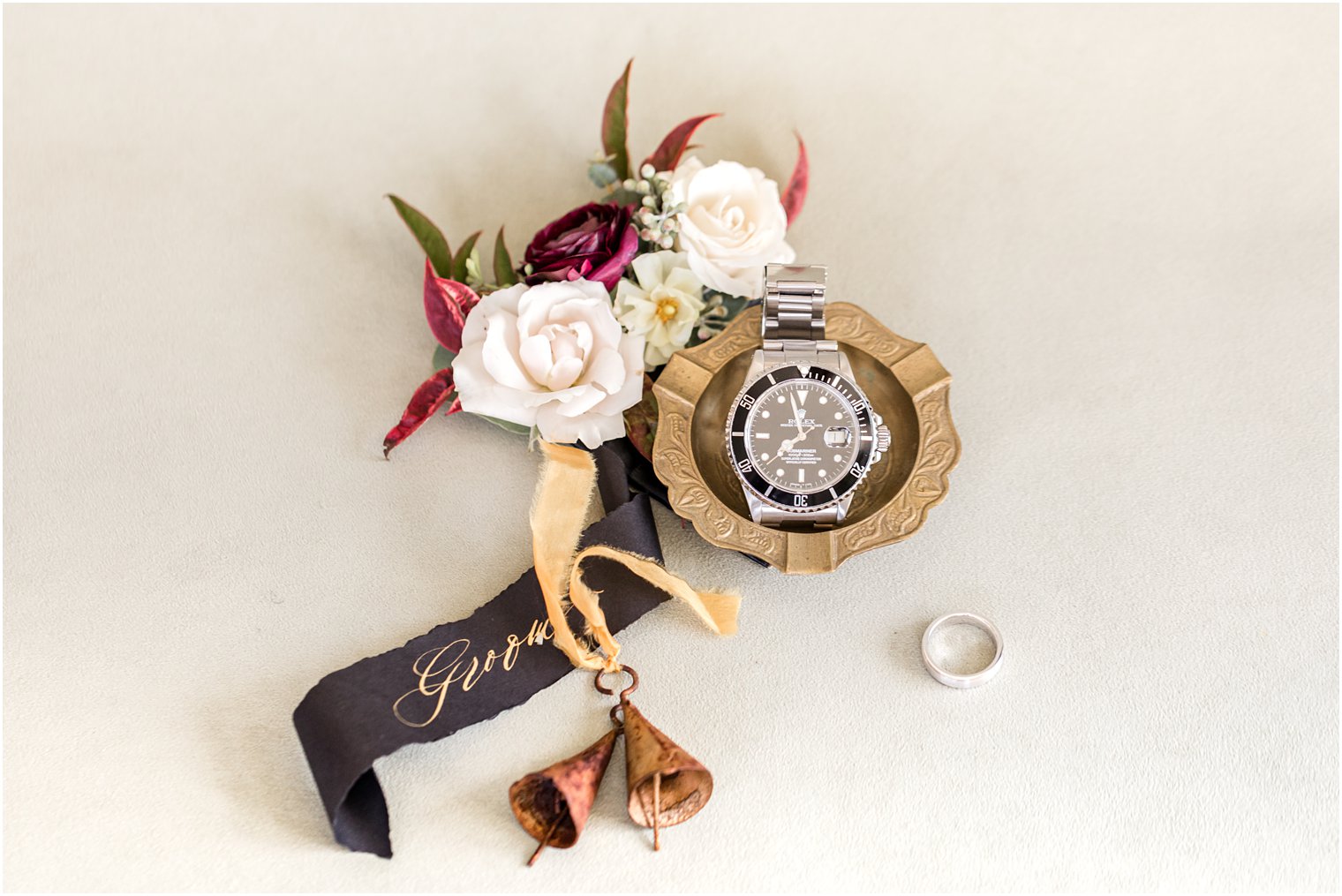 groom's boutonniere and new watch for New Jersey wedding 